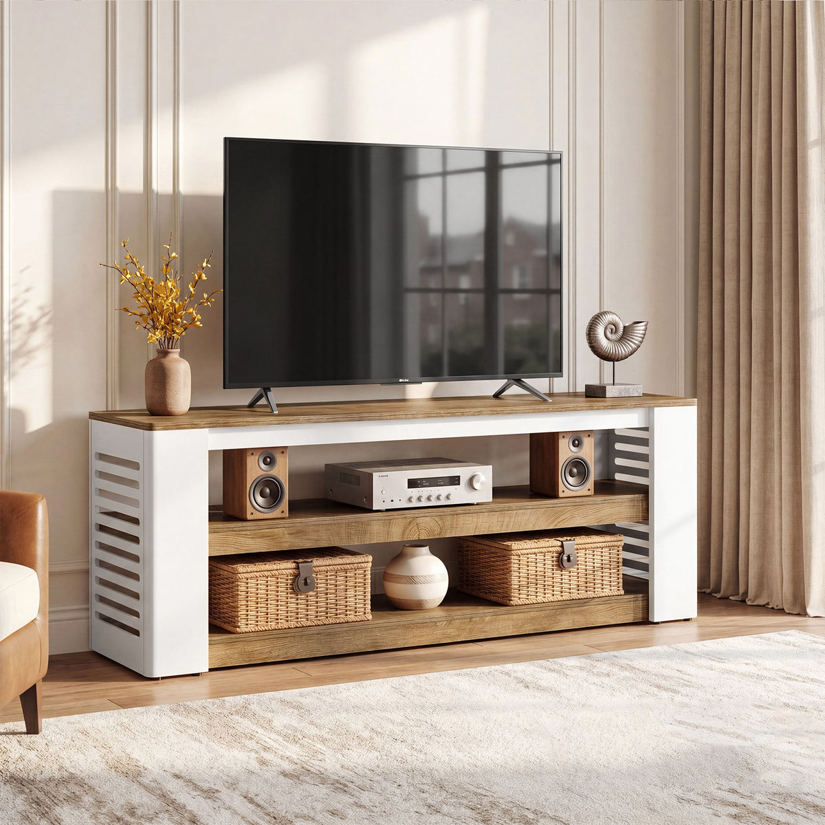 Mobile TV Moderno a 3 Ripiani con Fianchi a Lamelle, 160 cm, per TV fino a 70"