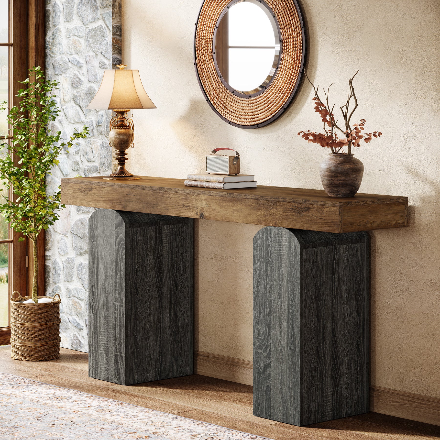 Tribesigns Tavolo consolle da 160 cm, tavolo da divano con due gambe a colonna curve.