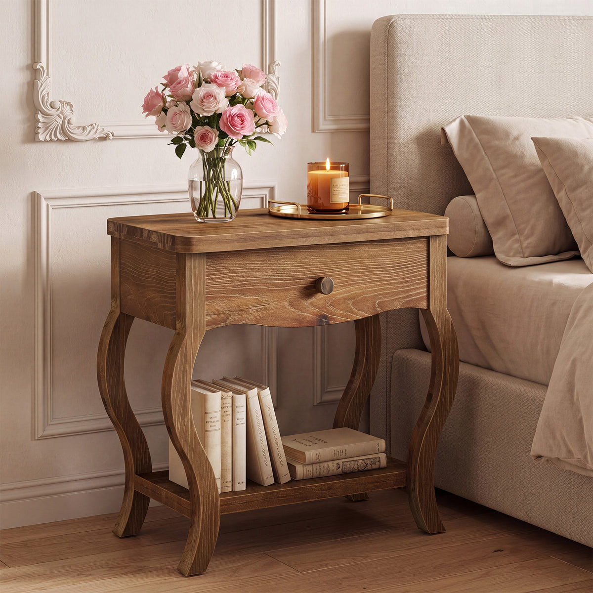 Comodino Rustico in Legno Massello con Cassetto e Ripiano, 60 cm