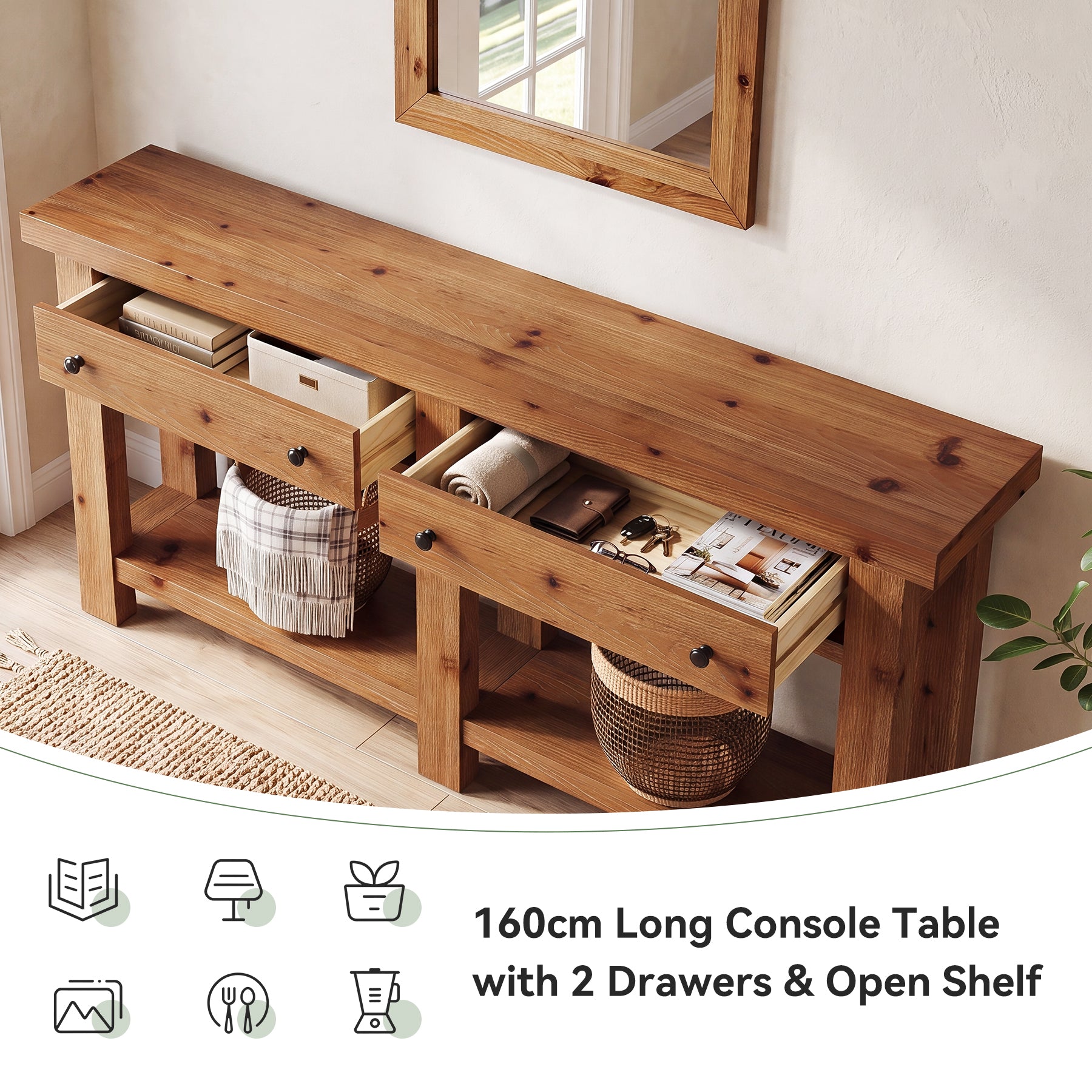 Consolle Country in Legno Massello con 2 Cassetti e Ripiano, 160 cm, per Ingresso e Soggiorno