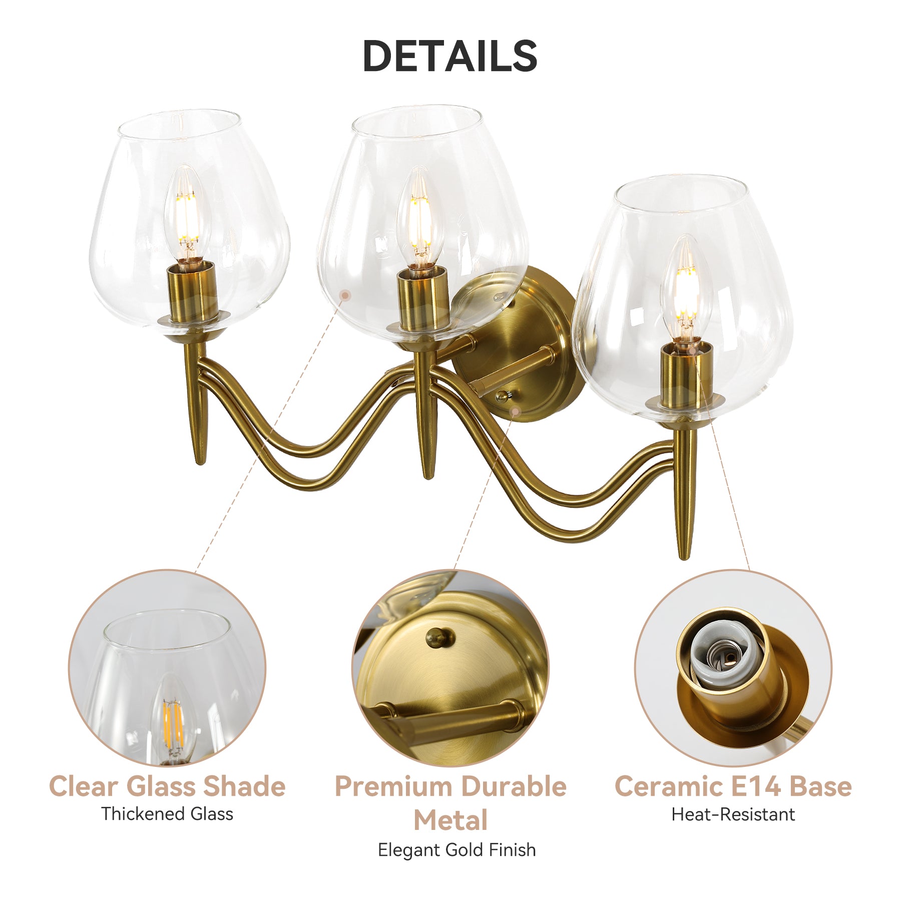 Applique da Bagno a 3 Luci E14 in Ottone con Vetro Trasparente, 58 cm, per Specchio