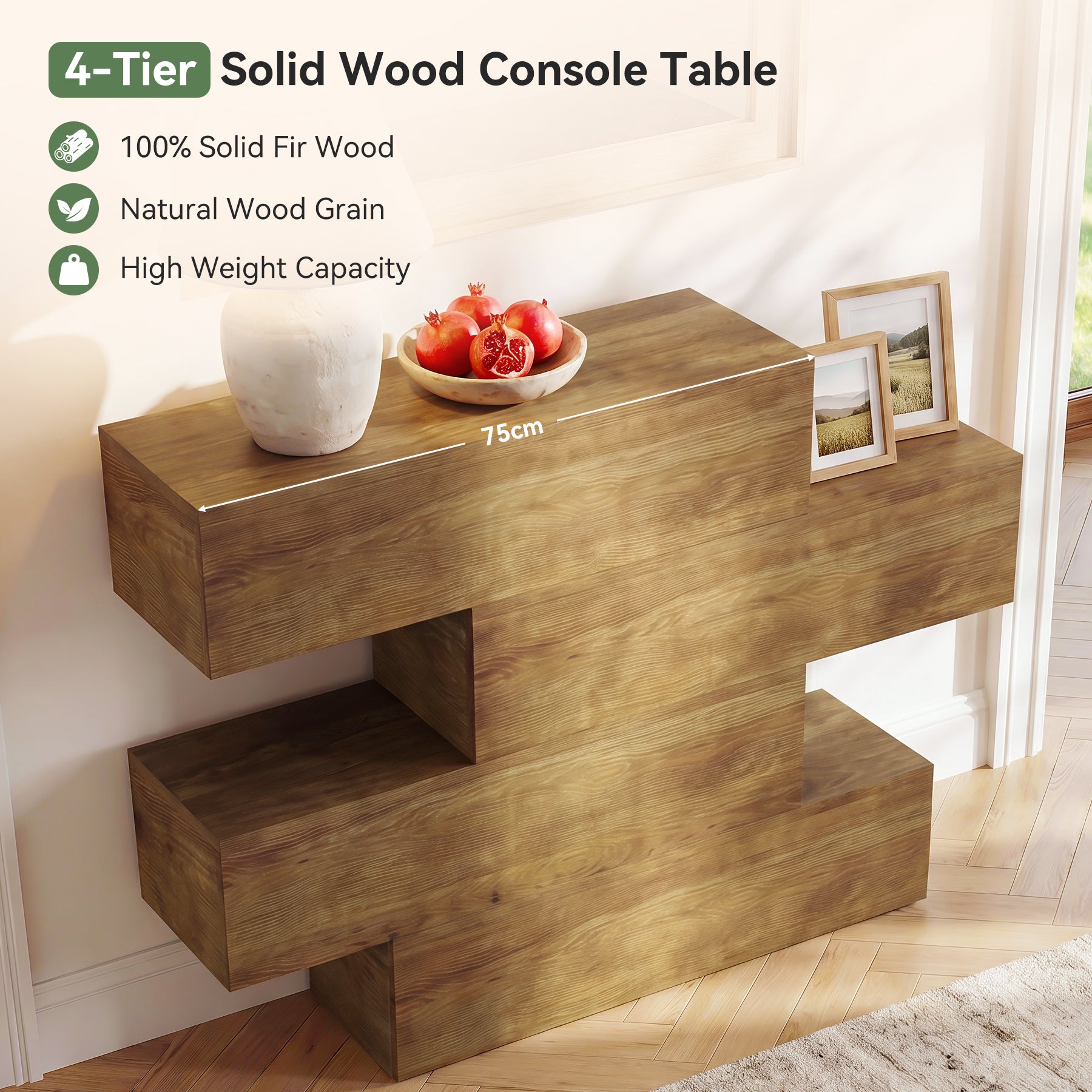 Tribesigns Consolle da 110 cm in legno massello con 4 ripiani, tavolo d'ingresso stretto in stile rustico
