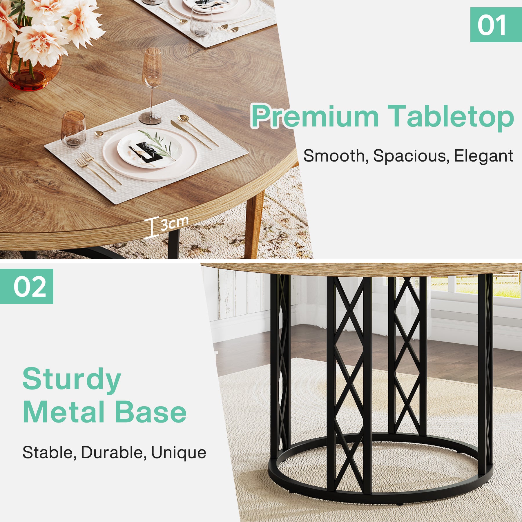 Tavolo da Pranzo Rotondo Moderno con Struttura in Metallo, Ø 120 cm, per 4-6 Persone
