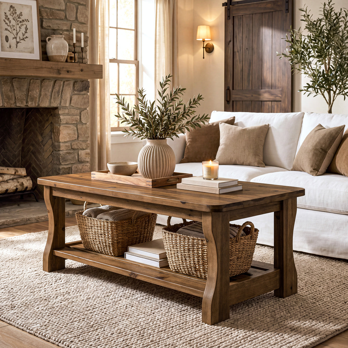 Tavolino da Salotto Country in Legno Massello a 2 Ripiani, 119 cm