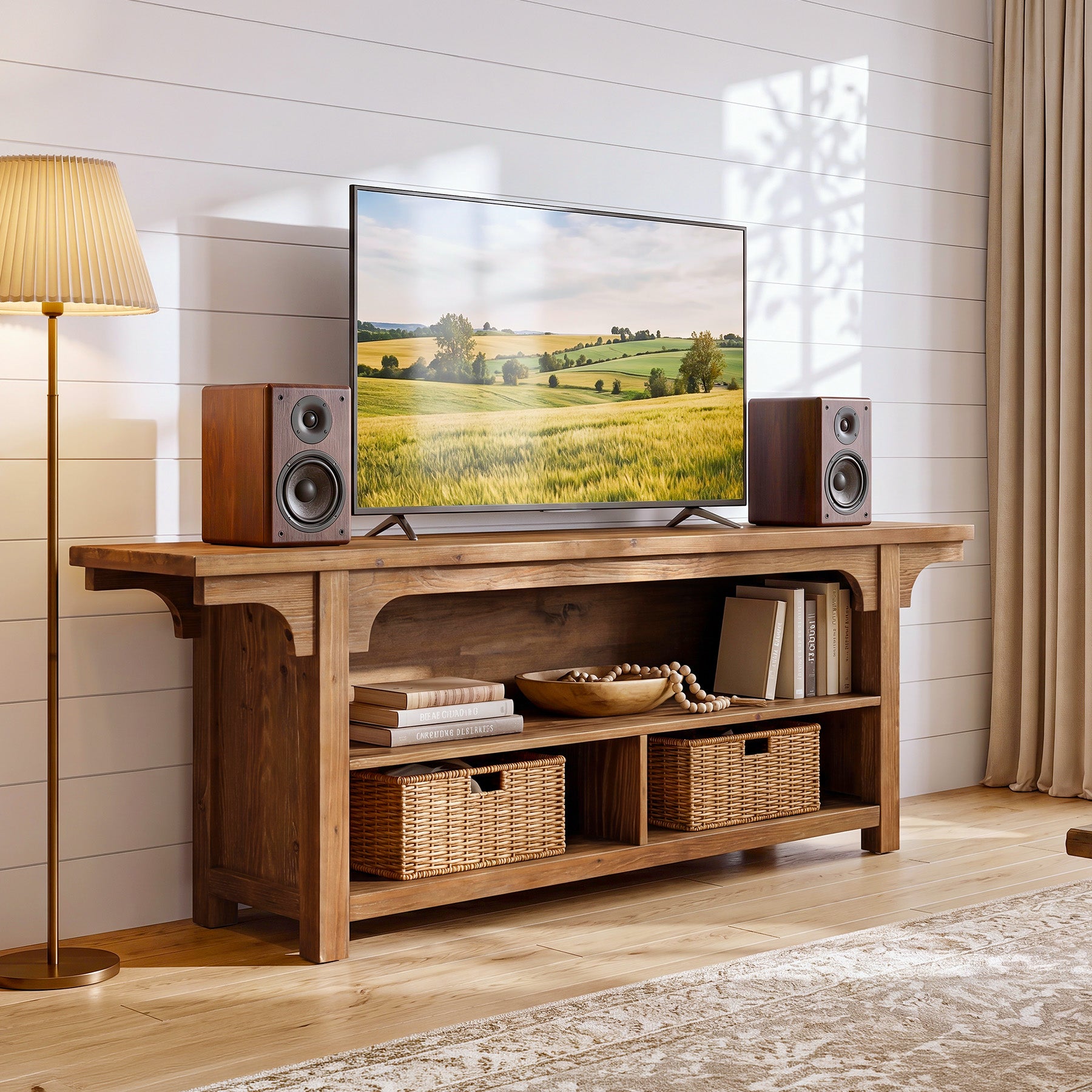 Tribesigns Mobile porta TV basso in legno massello, 160 cm, consolle multimediale per TV da 55 a 70 pollici con 3 vani a giorno