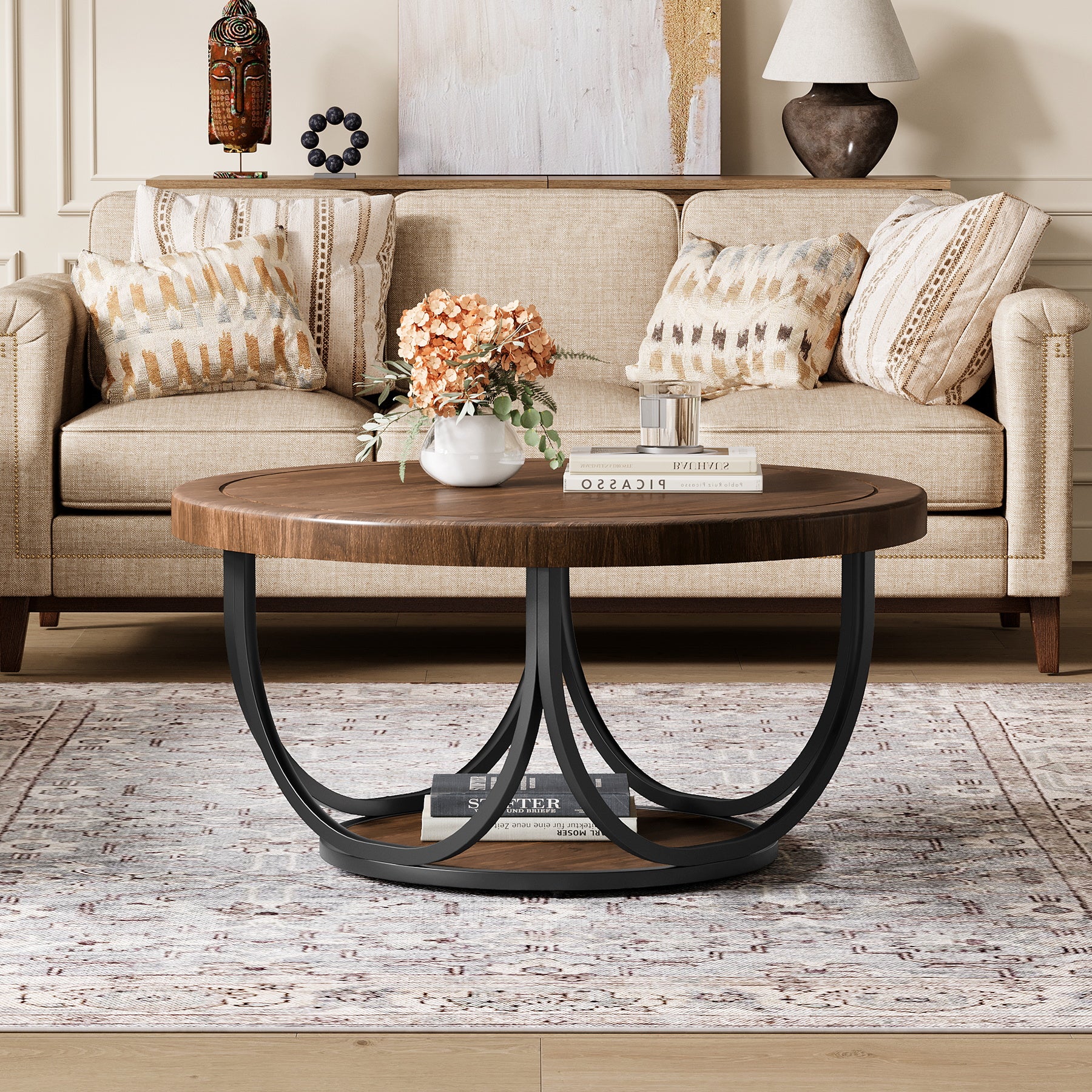 Tribesigns Tavolino da caffè da 90 cm, Tavolino centrale rotondo con 2 ripiani