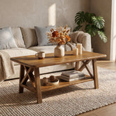 Tavolino da Salotto Rettangolare Country in Legno Massello con Ripiano, 120 cm, per Soggiorno 3