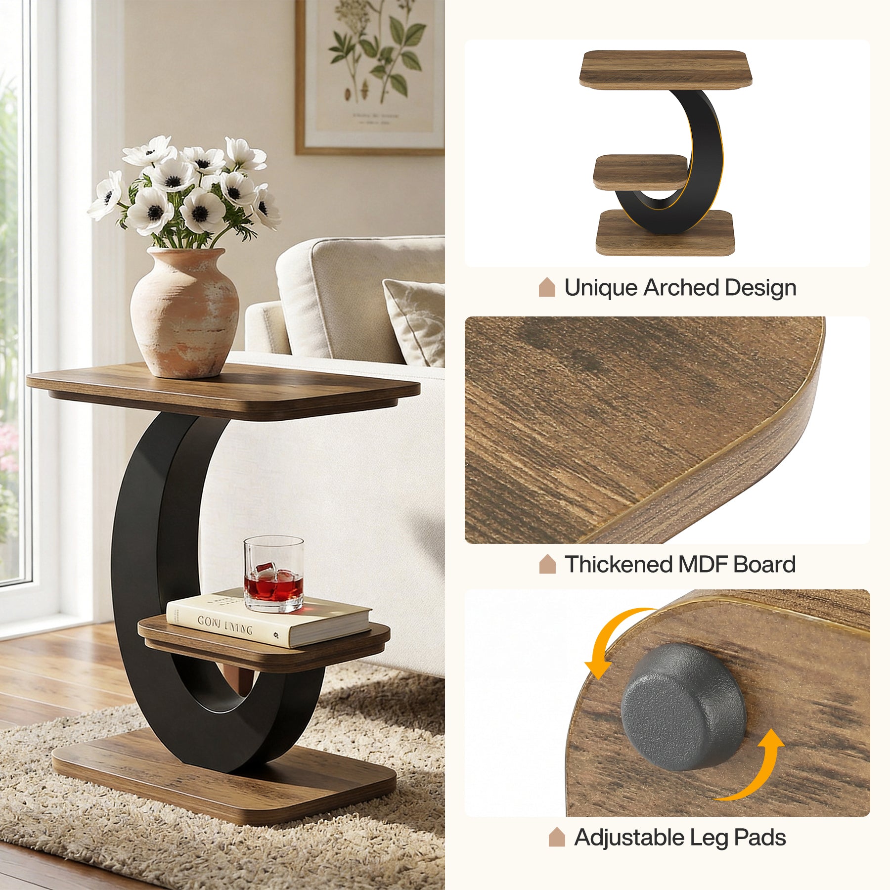 Tribesigns Tavolino laterale a 2 ripiani, tavolino stretto da divano/comodino con struttura ad arco