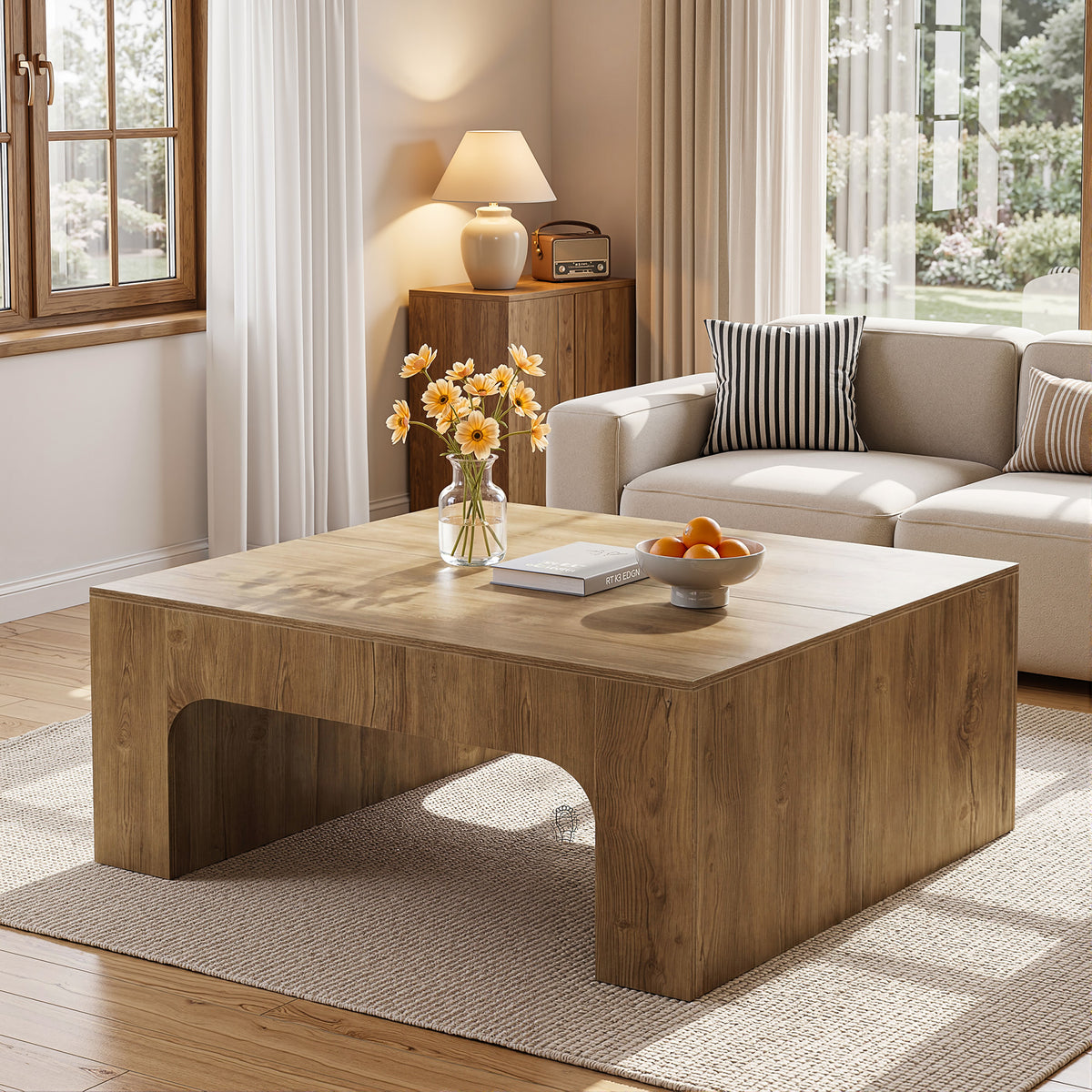 Tavolino da Salotto Quadrato Country in Legno con Design Curvato, 100 x 100 cm, per Soggiorno