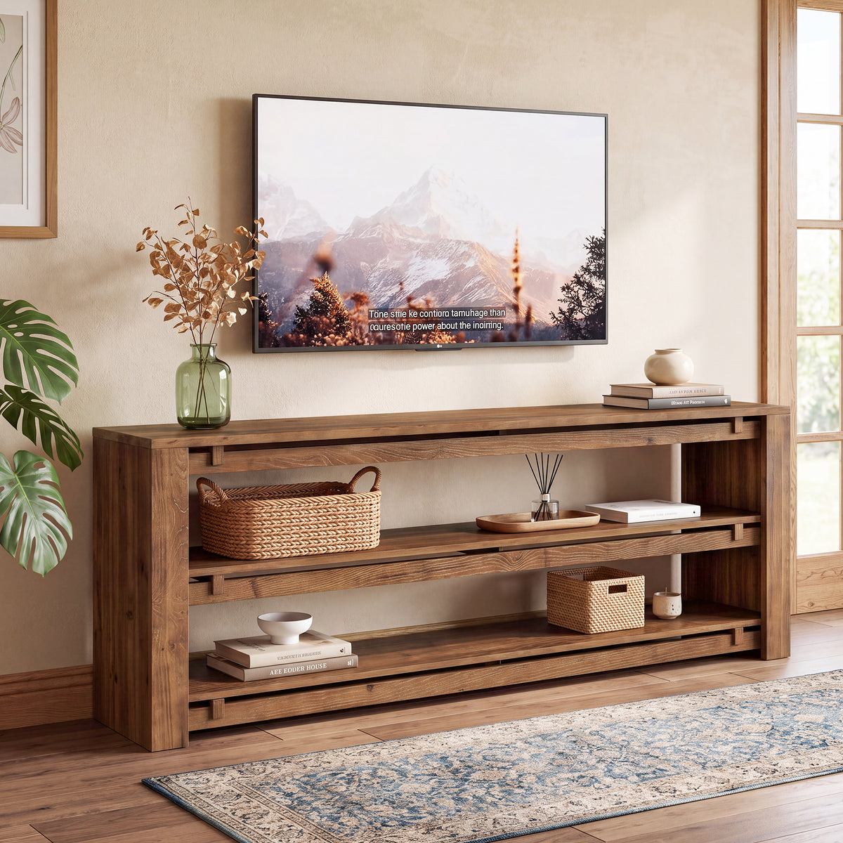 Mobile TV Rustico in Legno Massello a 3 Ripiani Aperti, 160 cm, per TV fino a 75"