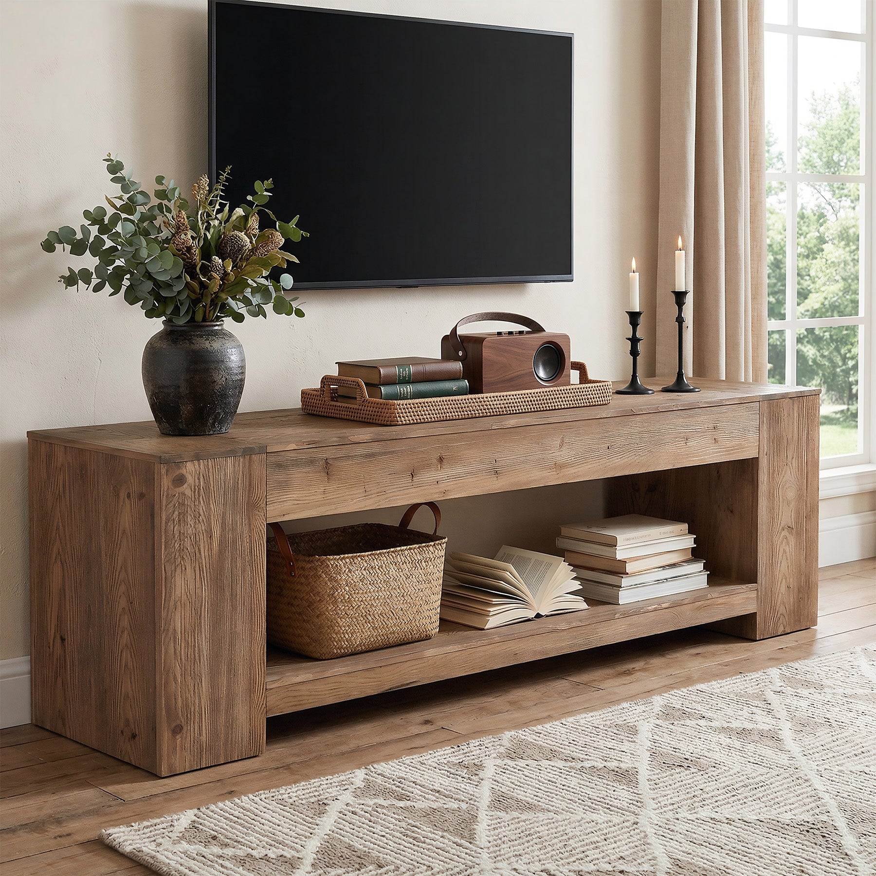 Mobile TV Rustico in Legno Massello con Vani Aperti, 160 cm, per TV fino a 75"