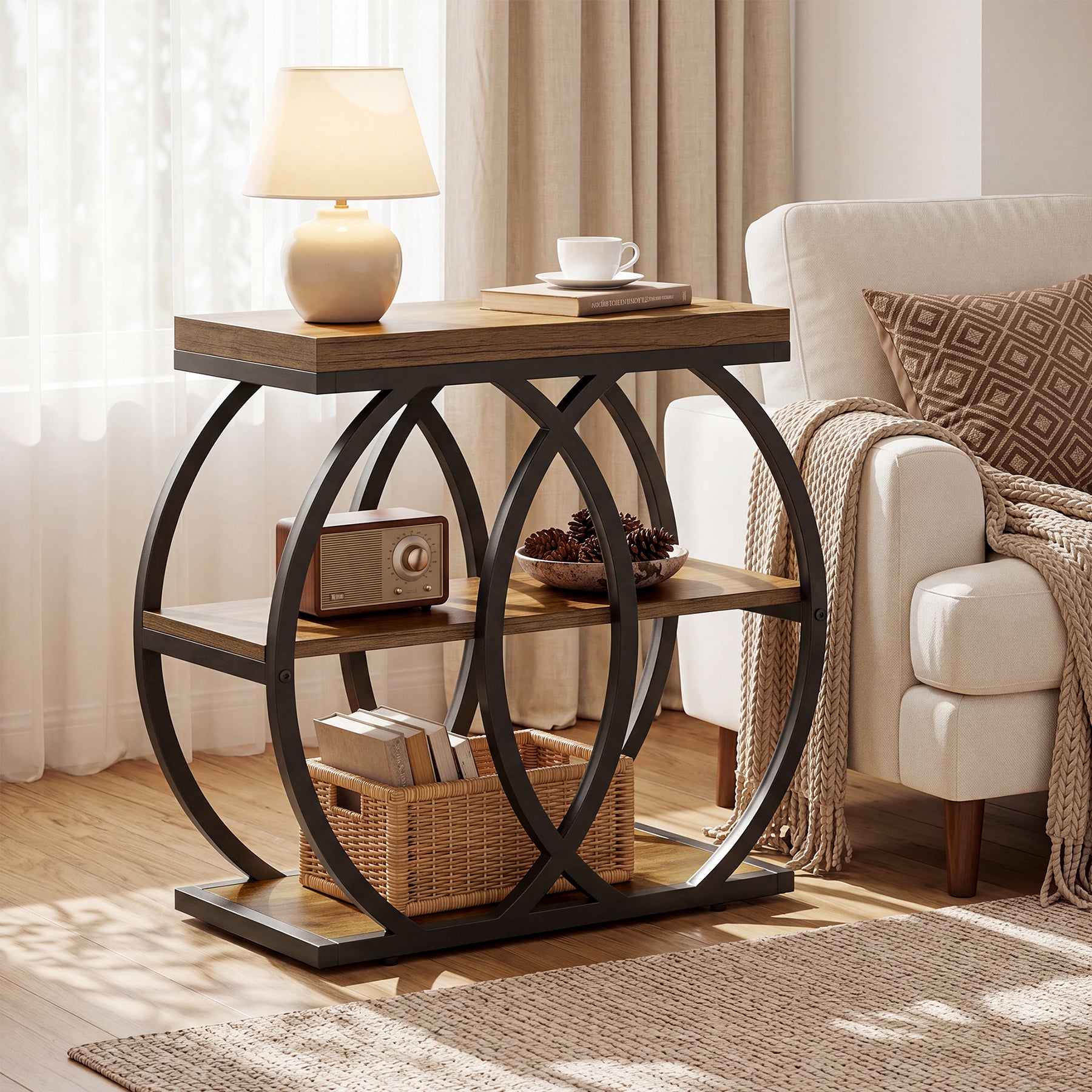 Tribesigns Tavolino laterale in legno da 60 cm, tavolino stretto in stile rustico a 3 ripiani