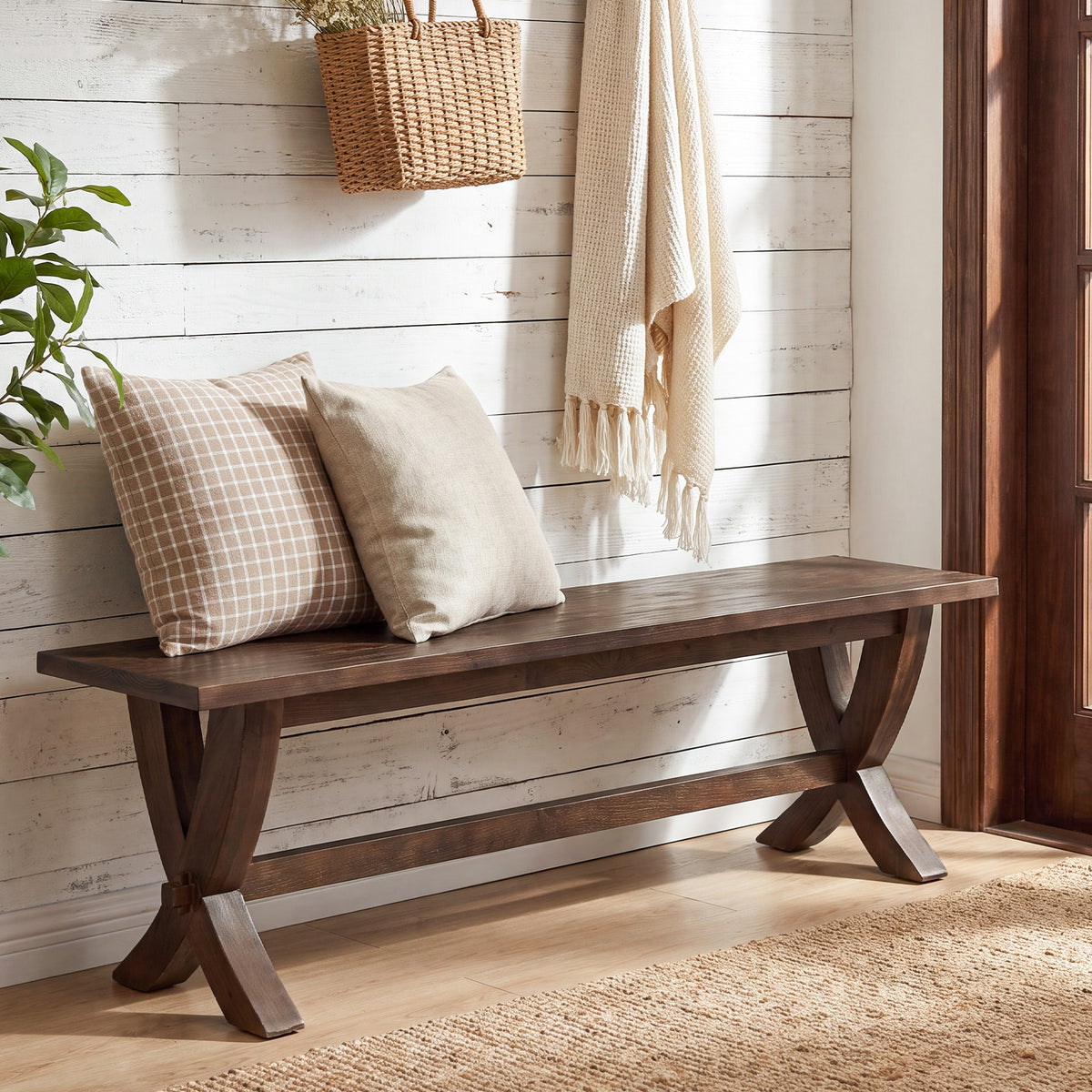 Panca Country in Legno Massello con Gambe a X, 150 cm, per Ingresso e Corridoio