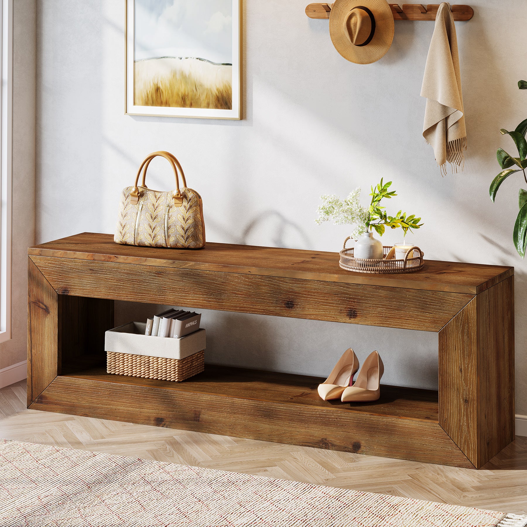Tribesigns Panca d'ingresso in legno massello da 120 cm con ripiano contenitore, stile rustico