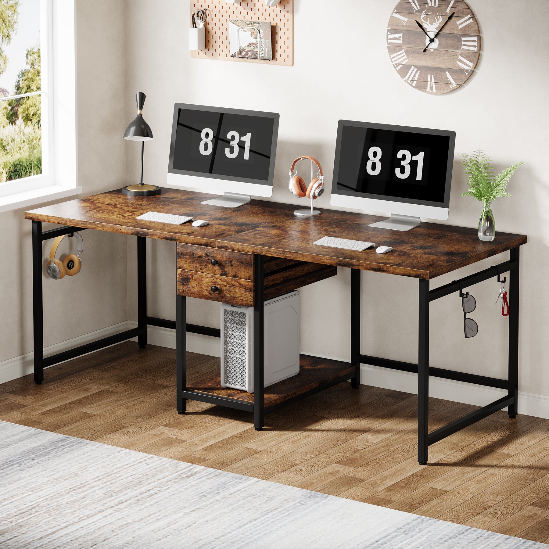 Tribesigns Scrivania doppia da 200 cm con 2 cassetti e ripiani, scrivania industriale per ufficio e studio