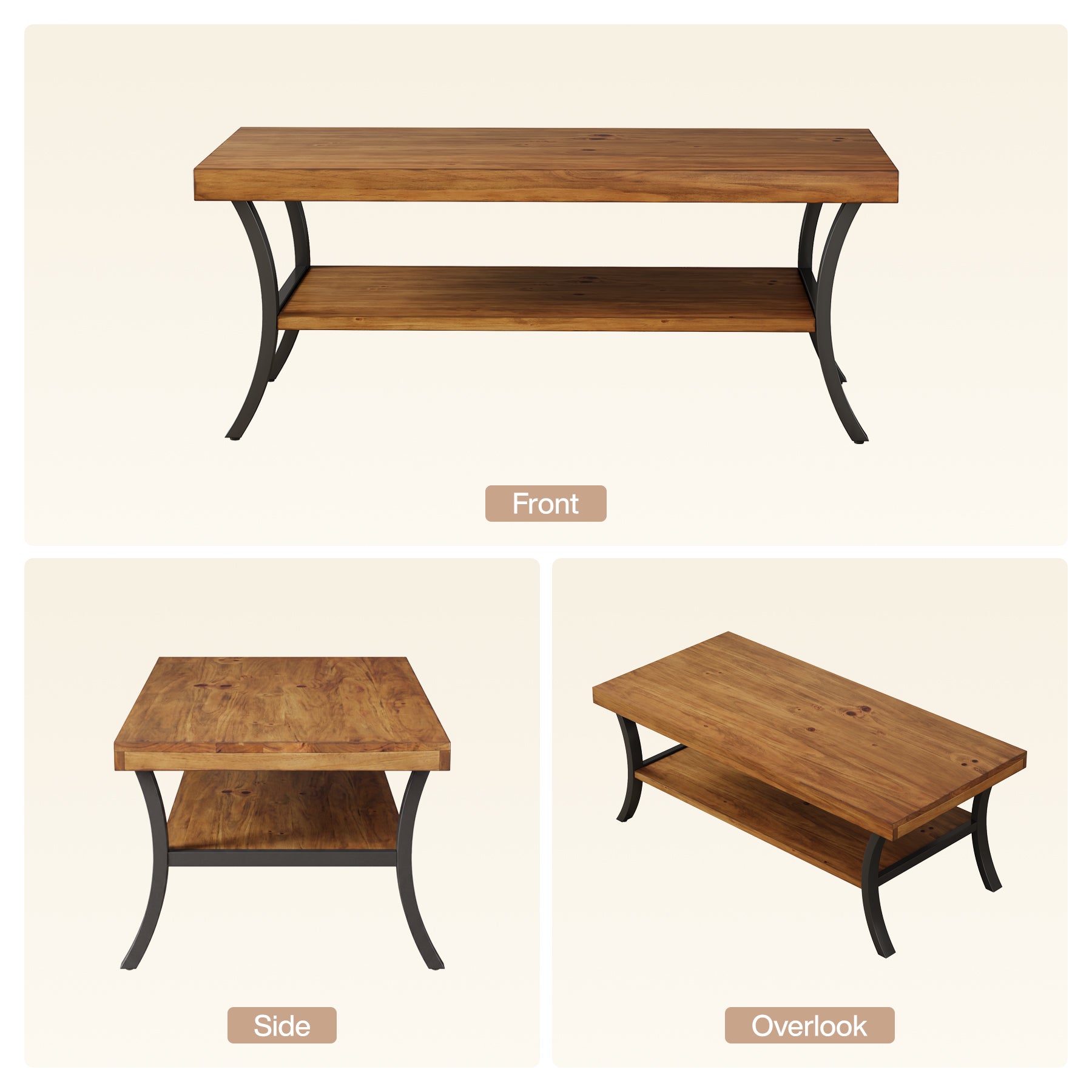 Tavolino da Salotto Rettangolare in Legno Massello a 2 Ripiani con Gambe Curve in Metallo, 120 cm