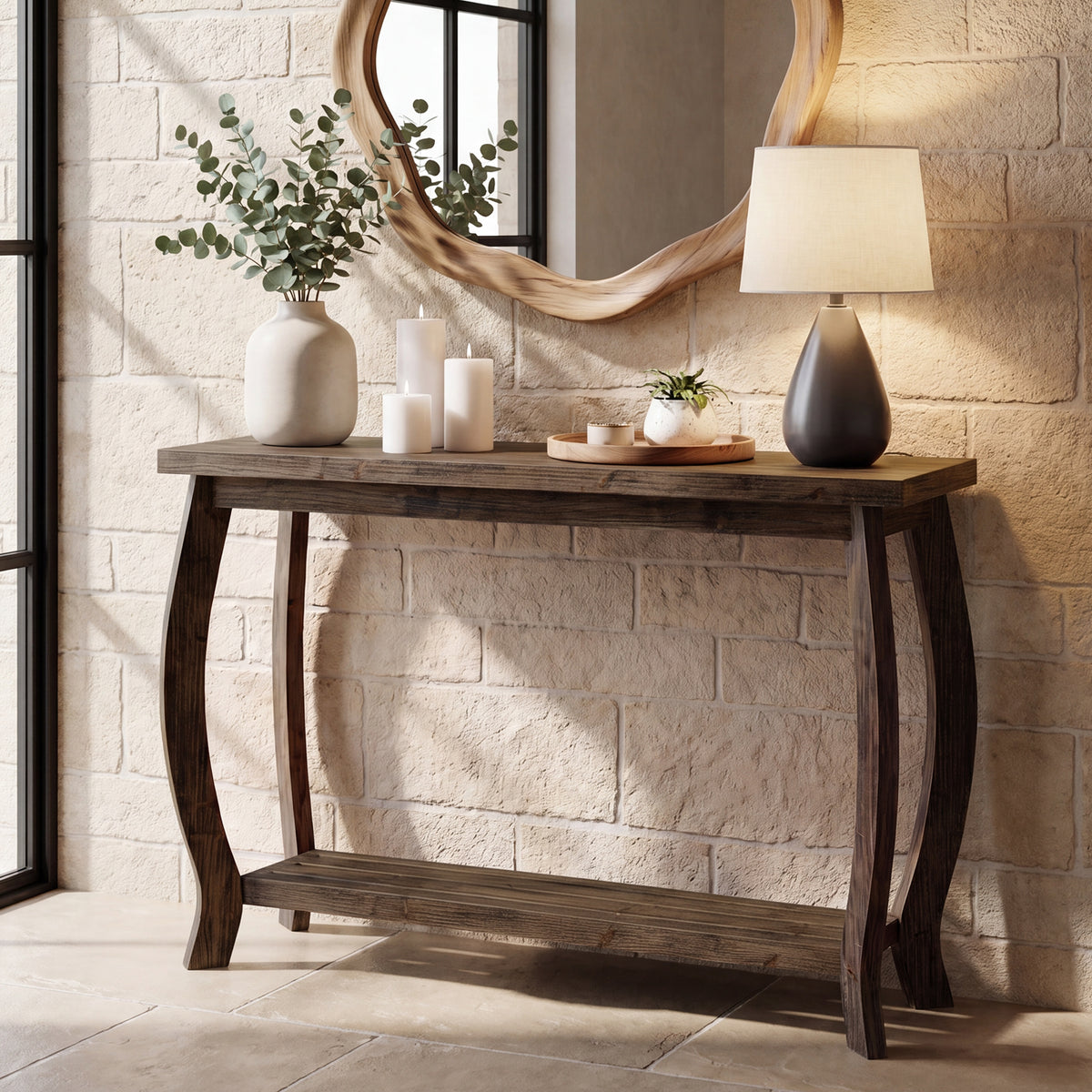 Consolle Country in Legno Massello con Gambe Curve e Ripiano, 105 cm, per Ingresso