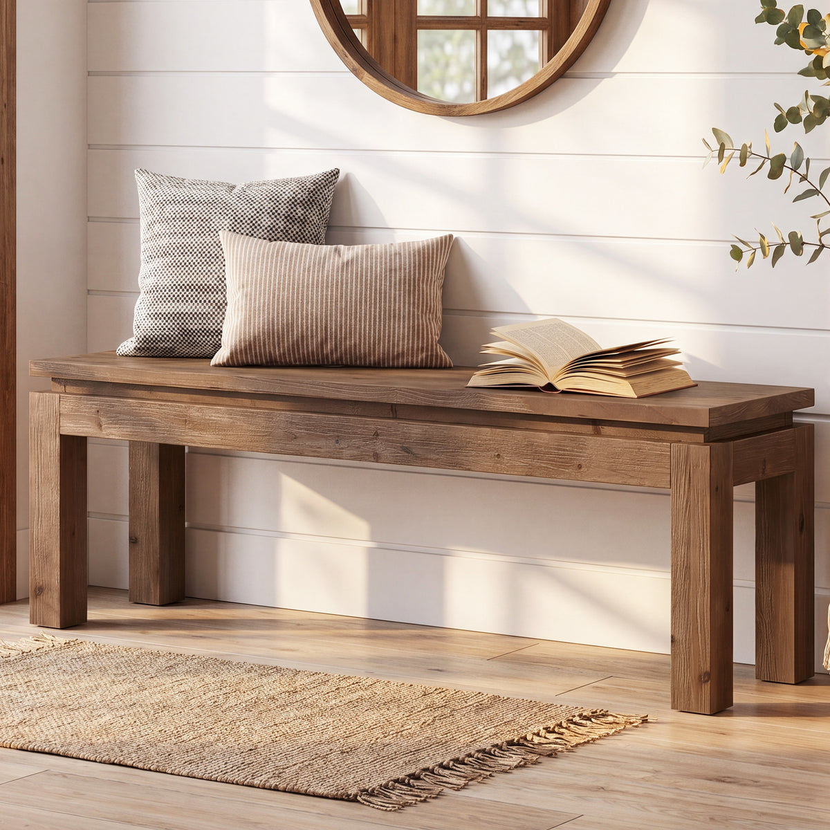 Panca Country in Legno Massello con Gambe a Blocco, 150 cm, per Sala da Pranzo