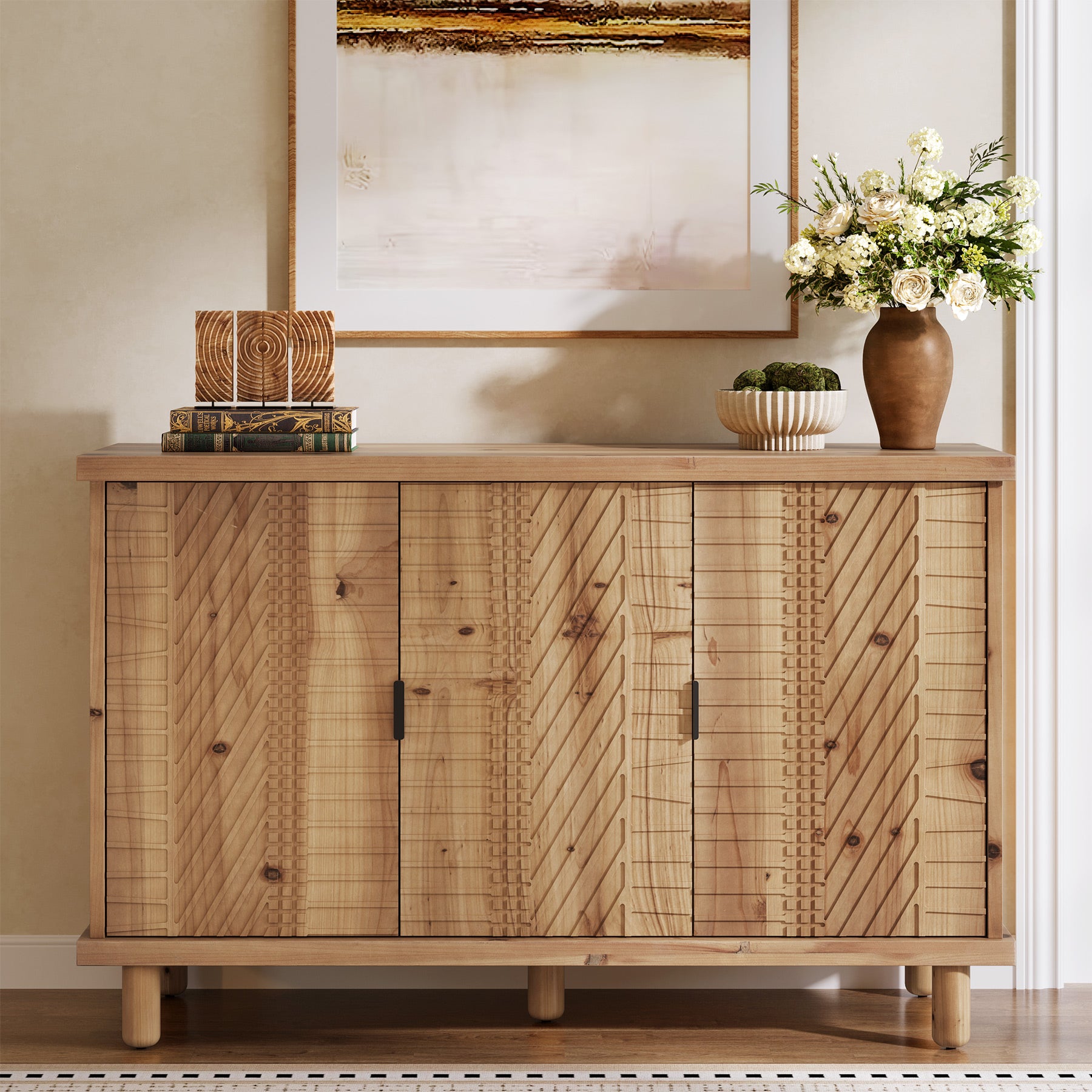 Tribesigns Credenza in legno massello con vano contenitore, Mobile in stile rustico con 3 ante e 2 ripiani regolabili