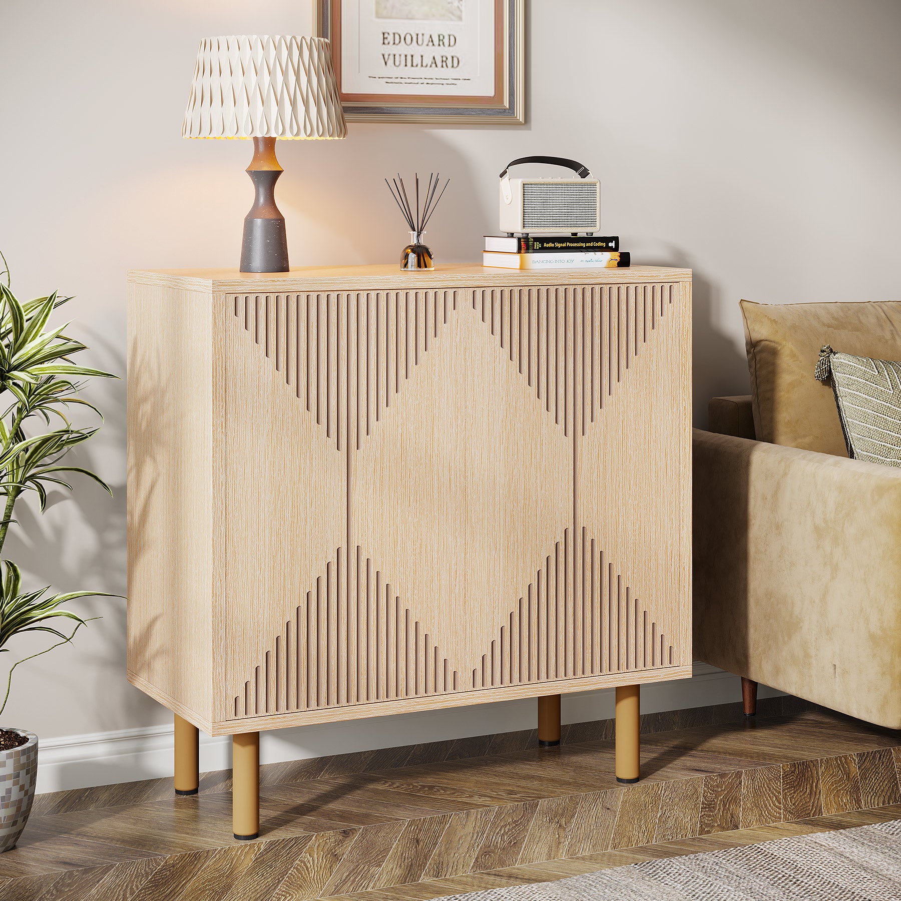 Tribesigns Credenza in legno, mobiletto portaoggetti da cucina con ante e piano in legno