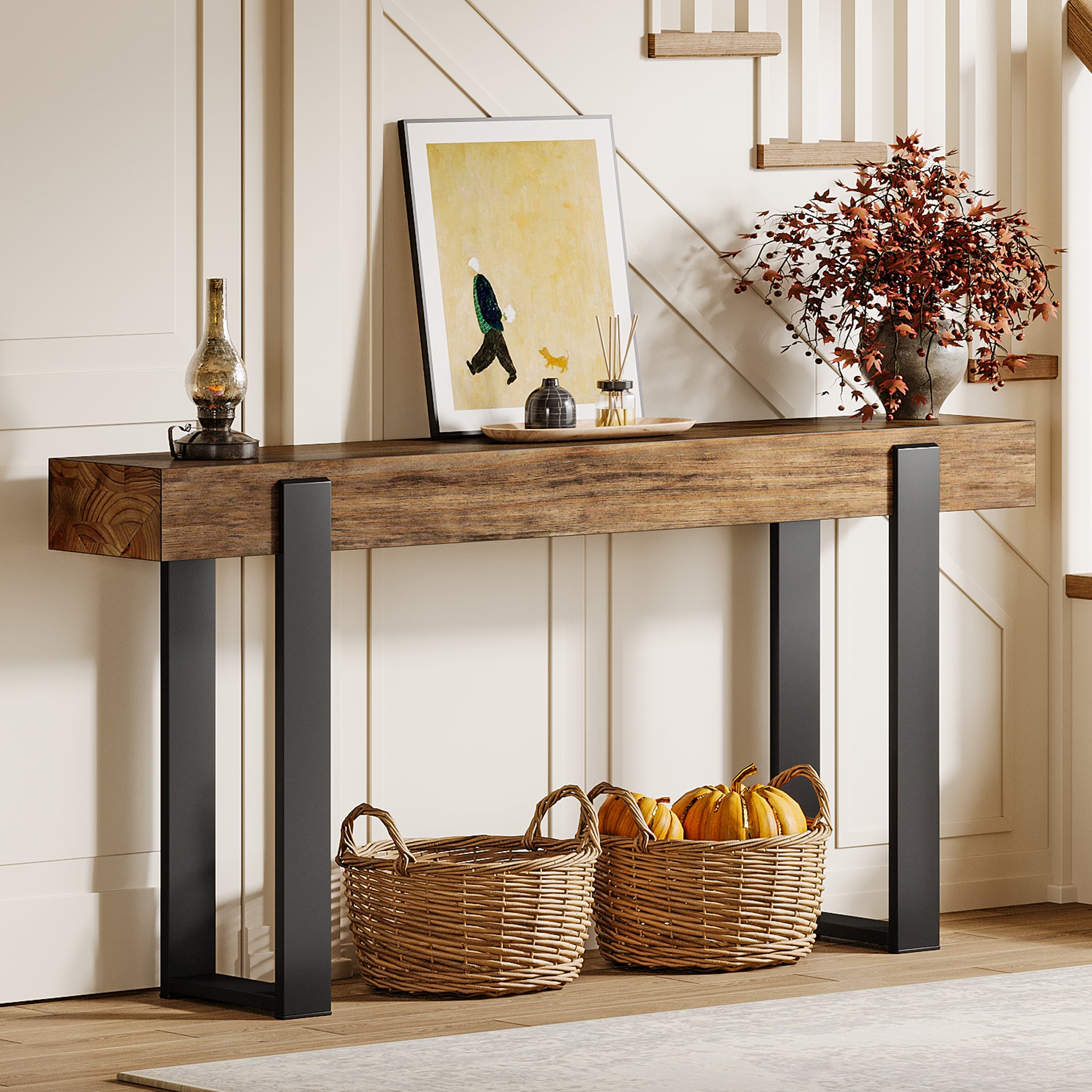 Tribesigns Consolle in legno massello, tavolino da divano con gambe in metallo (160 x 30 cm)