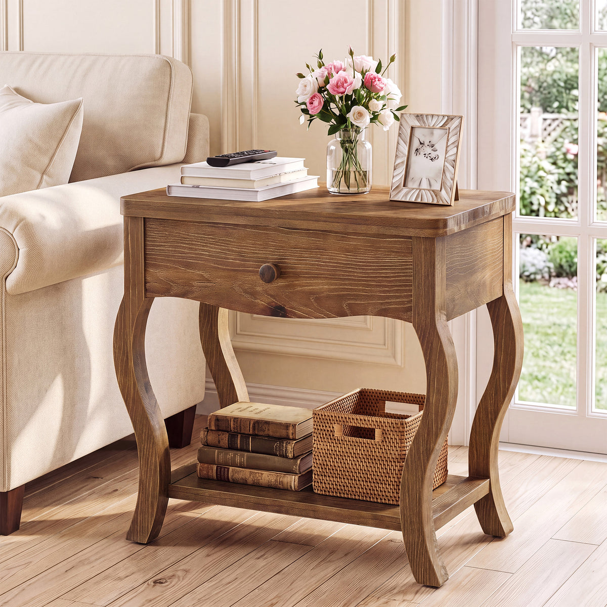 Tavolino Laterale Alto Rustico in Legno Massello con Cassetto, 60 cm, per Soggiorno
