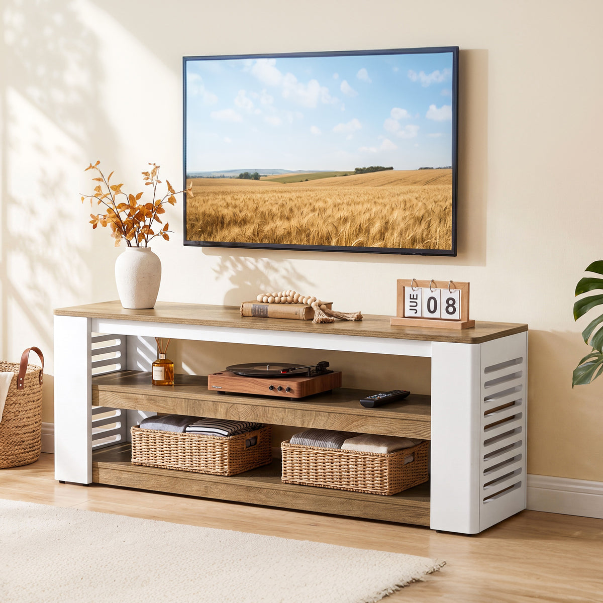 Mobile TV Moderno a 3 Ripiani con Fianchi a Lamelle, 160 cm, per TV fino a 70"