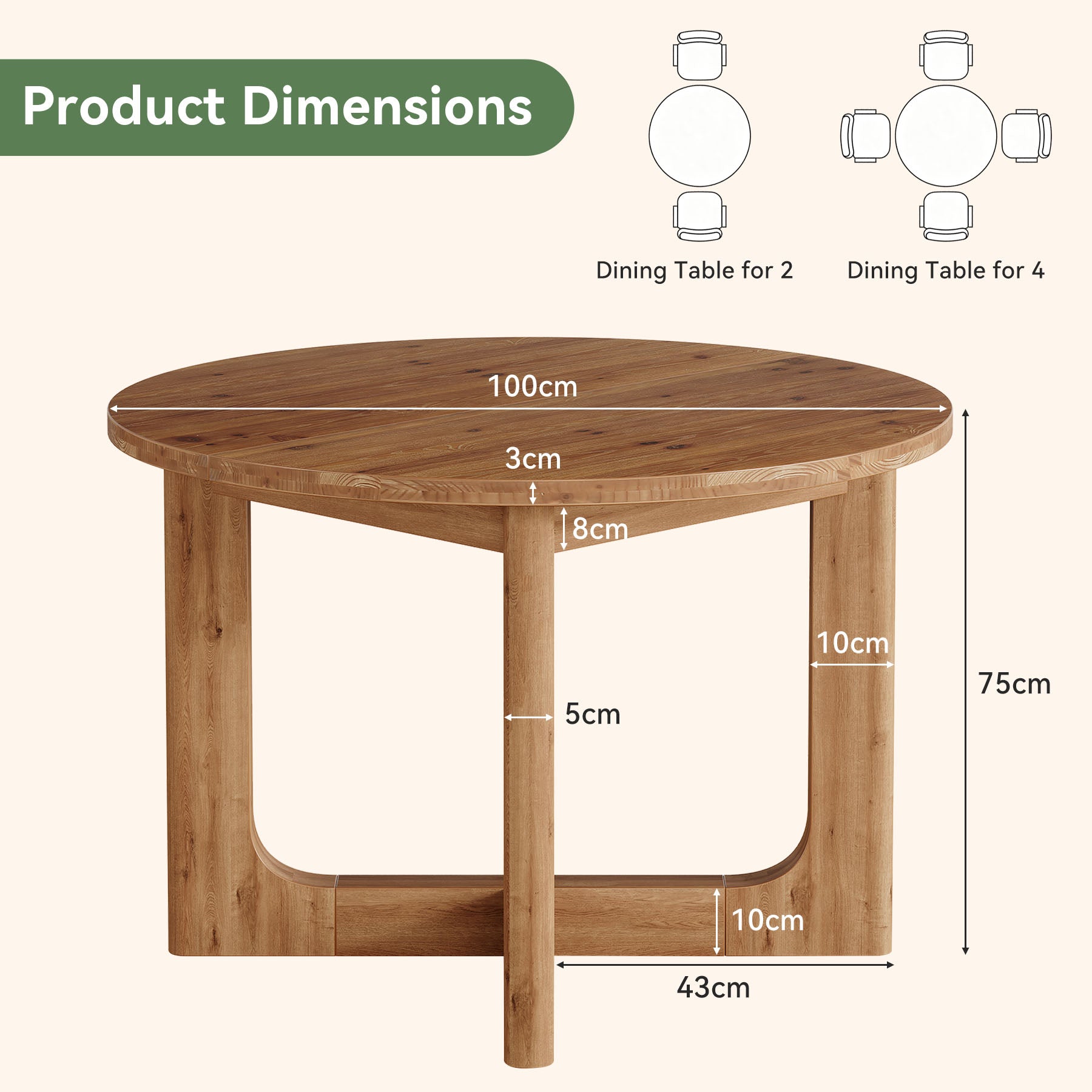 Tribesigns Tavolo da Pranzo Rotondo Country in Legno Massello con Gambe a X, Ø 100 cm, per 2-4 Persone