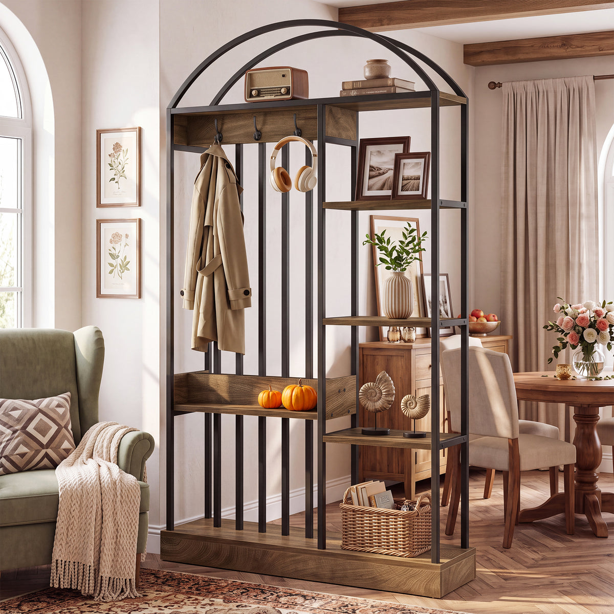 Scaffale Divisorio in Legno e Metallo con Ripiani e Ganci, H 180 cm, per Soggiorno
