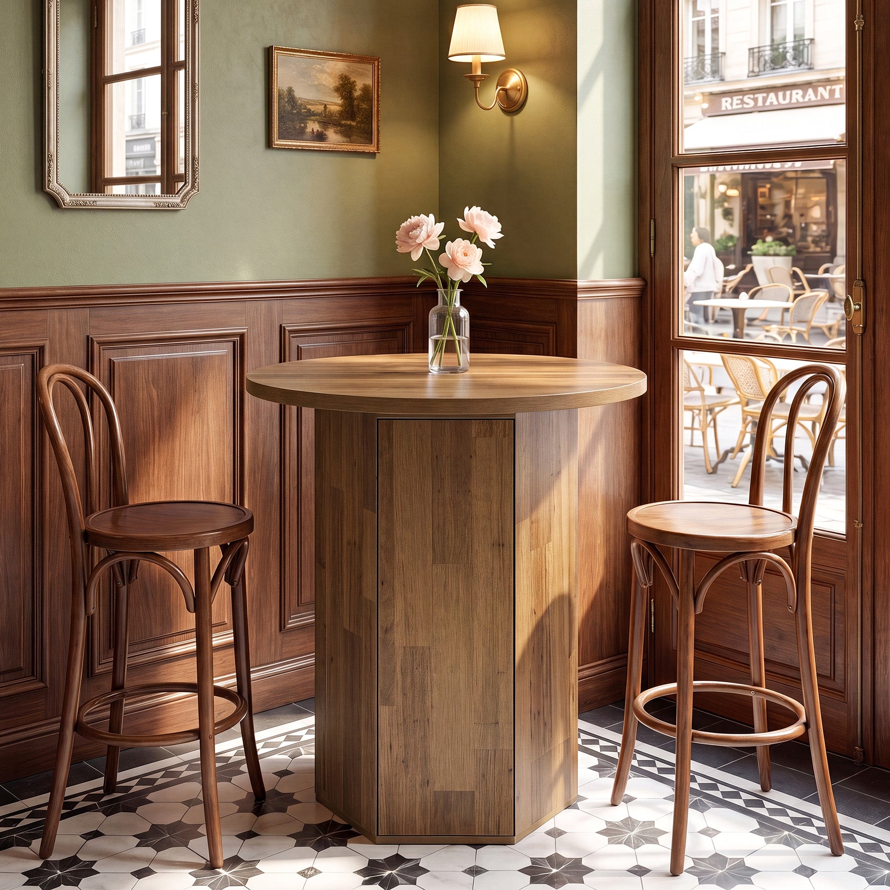 Tavolo da Bar Alto Rotondo Country con Vano Contenitore, Ø 80 cm, per Cucina e Soggiorno
