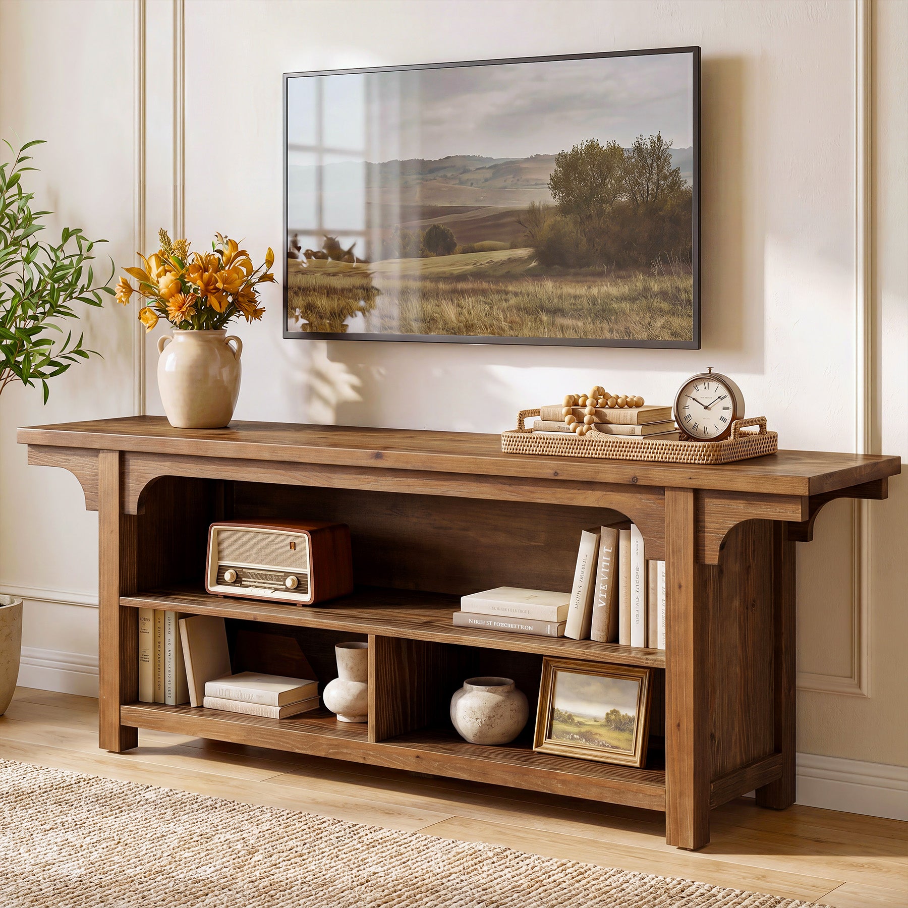 Tribesigns Mobile porta TV basso in legno massello, 160 cm, consolle multimediale per TV da 55 a 70 pollici con 3 vani a giorno
