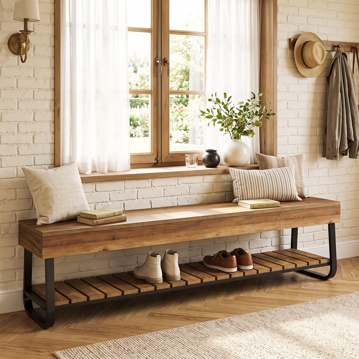 Panca Industriale con Ripiano Portascarpe a Doghe, 160 cm, per 2–3 Persone