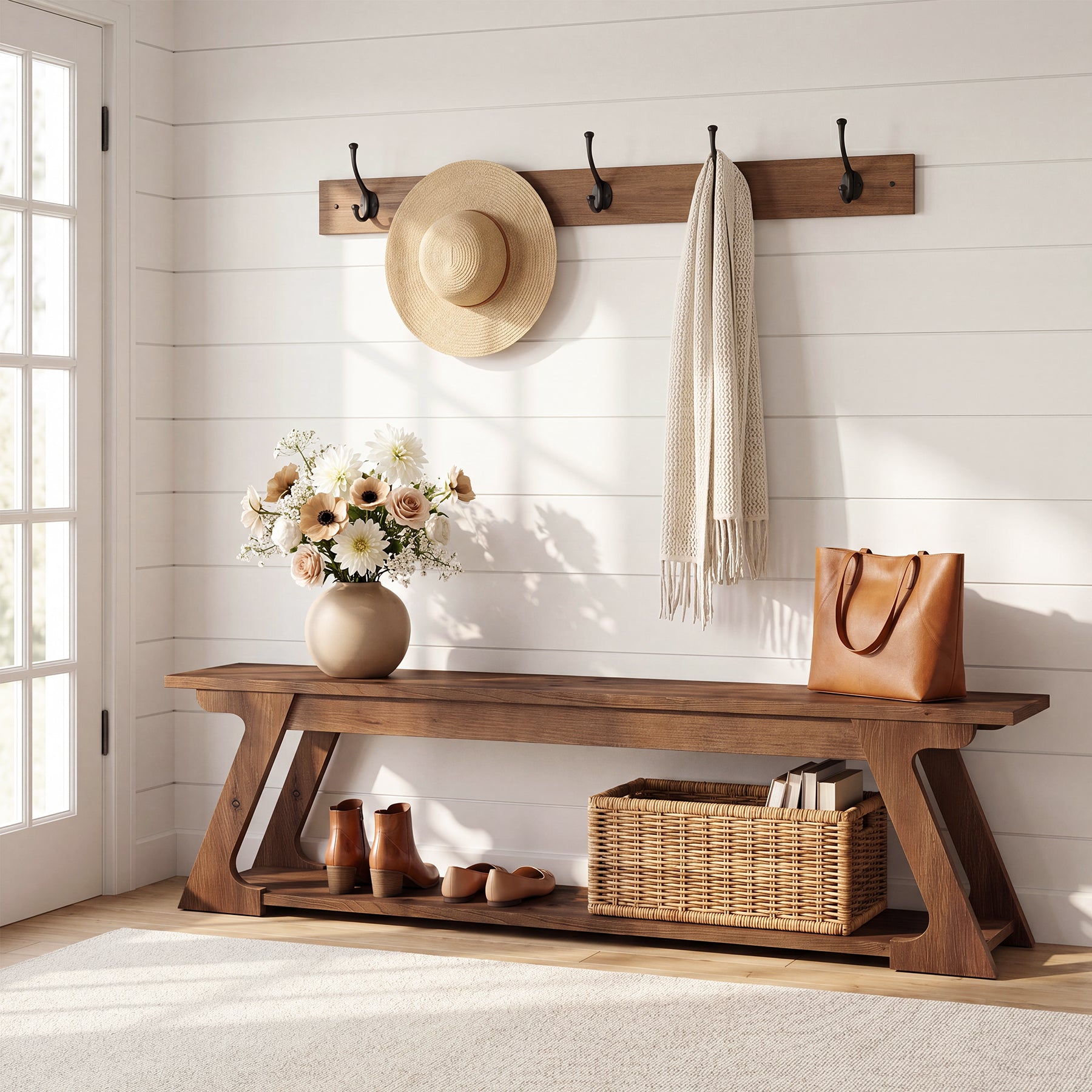 Panca da Ingresso Country in Legno Massello con Vano Contenitore, 150 cm, per Ingresso