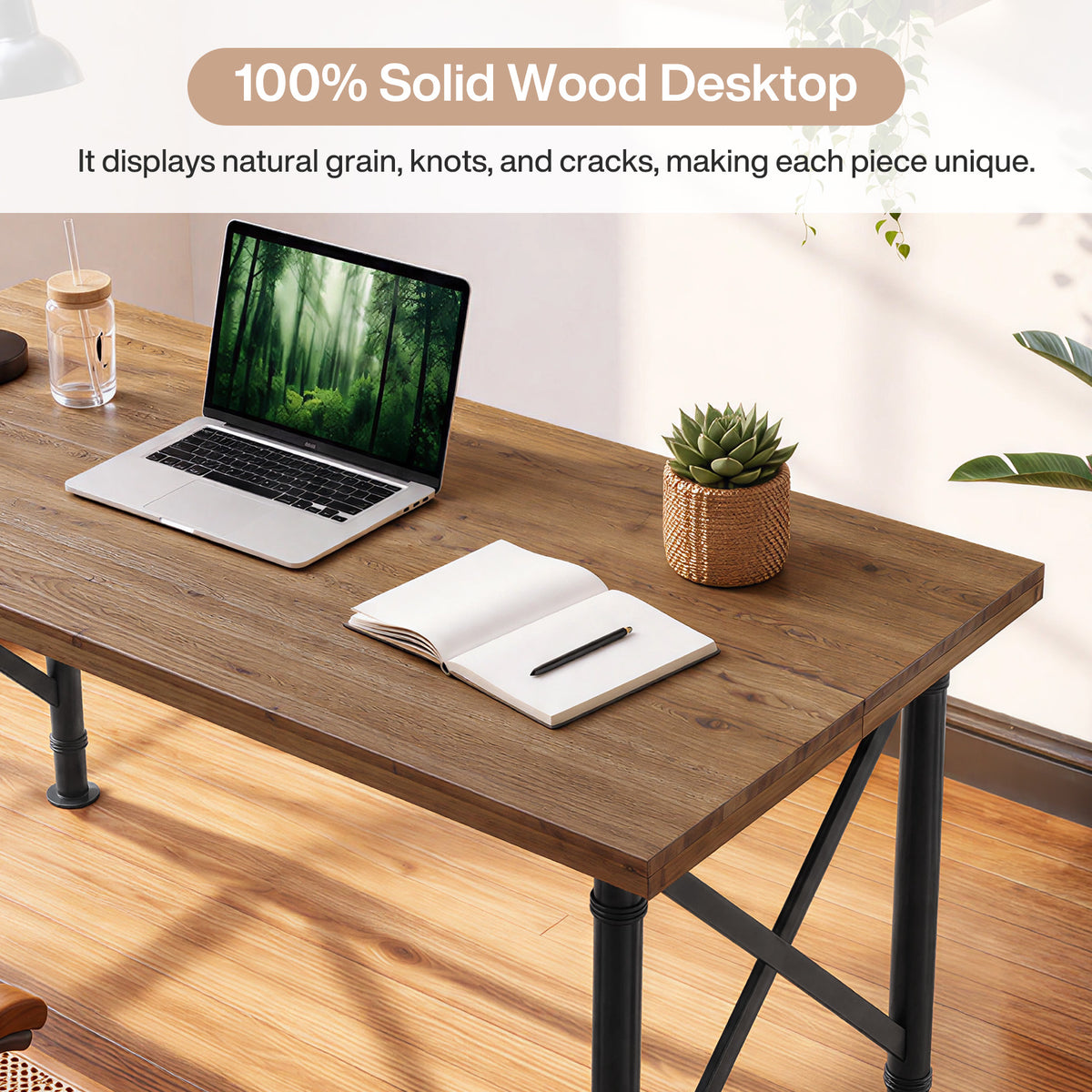 Scrivania Industriale in Legno Massello con Gambe a X in Metallo, 160 cm