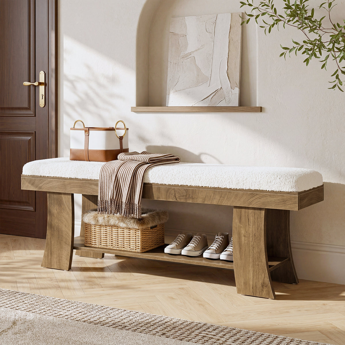 Panca Imbottita con Ripiano Portascarpe, 150 cm, per Ingresso e Corridoio