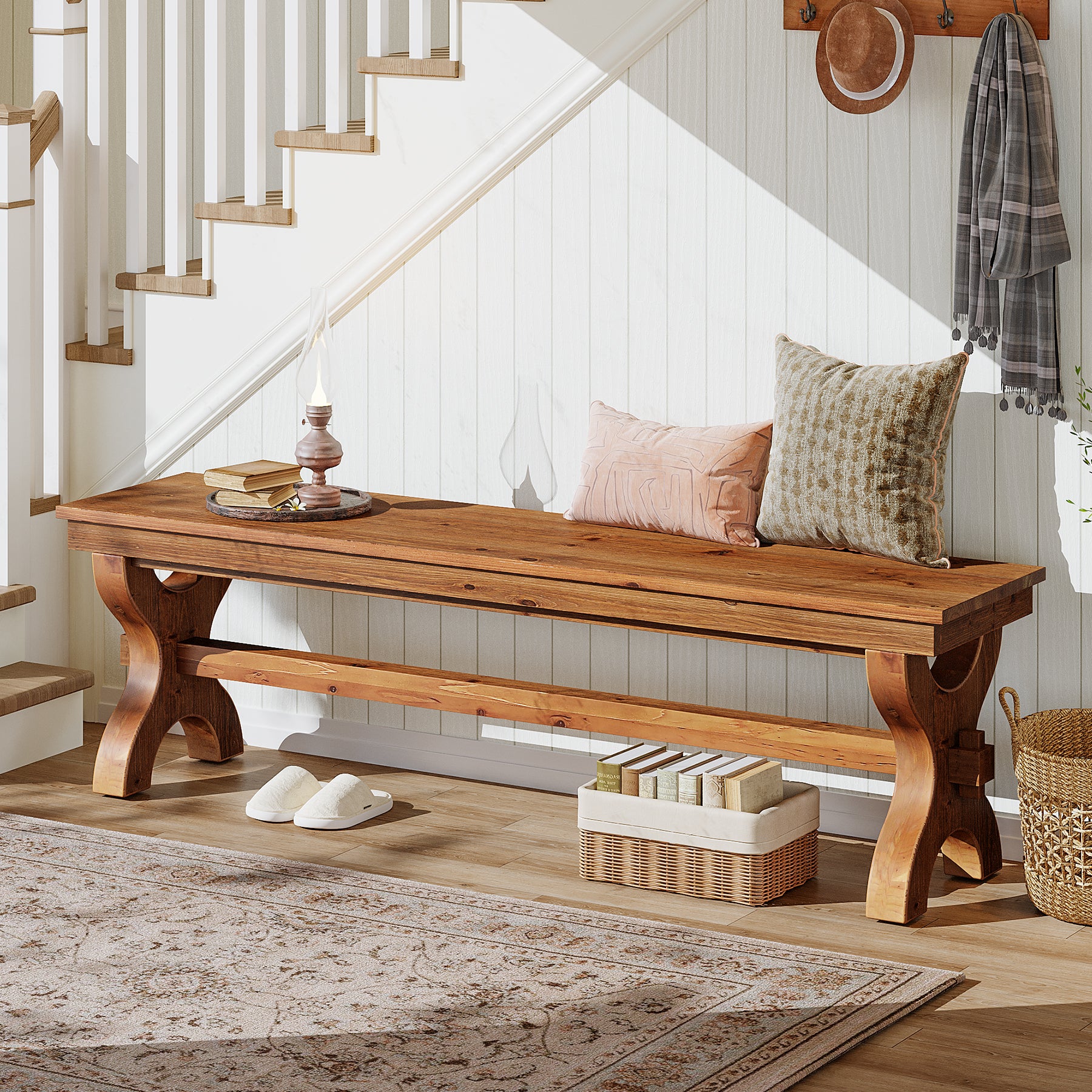 Panca Portascarpe Country in Legno Massello, 140 cm, per Ingresso e Sala da Pranzo