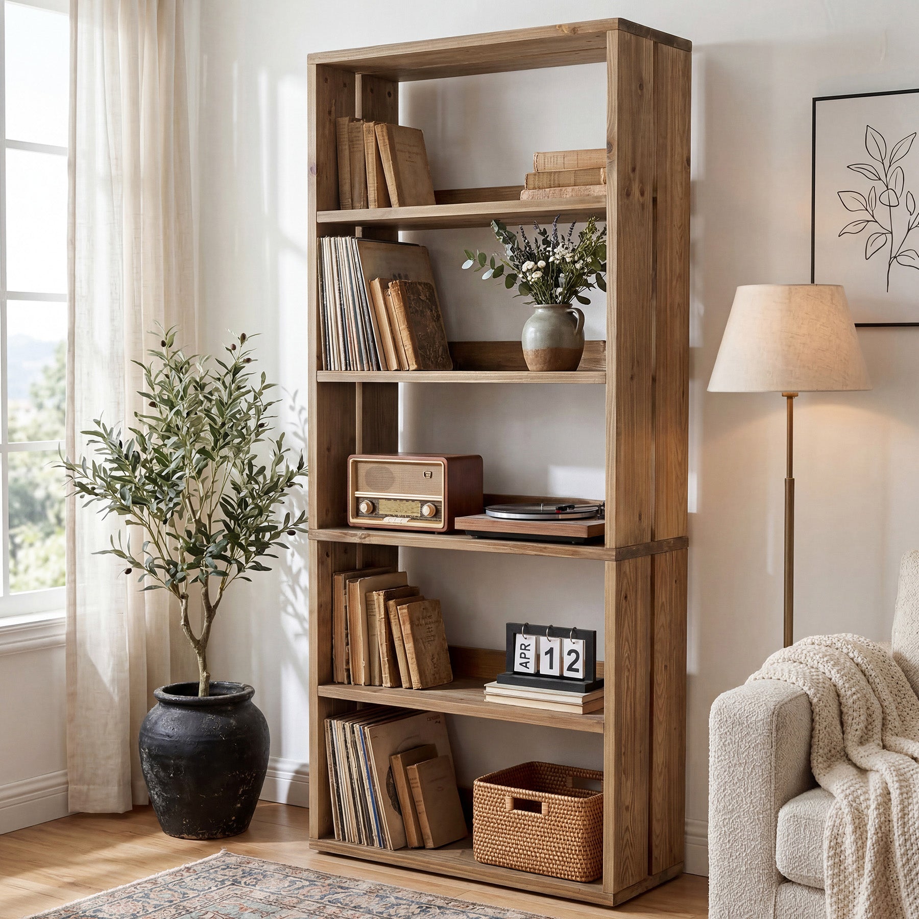 Libreria in Legno Massello a 5 Ripiani con Vani Aperti, 180 cm, Stile Country, per Soggiorno e Studio