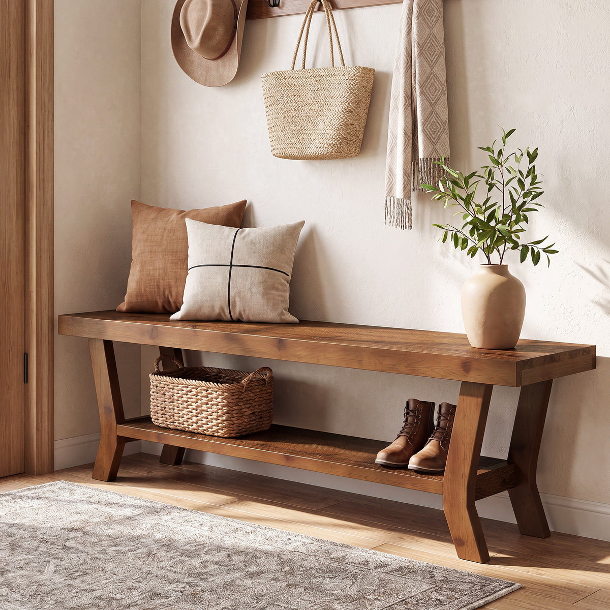 Panca con Ripiano Portascarpe Aperto e Gambe a X, 140 cm, per Ingresso