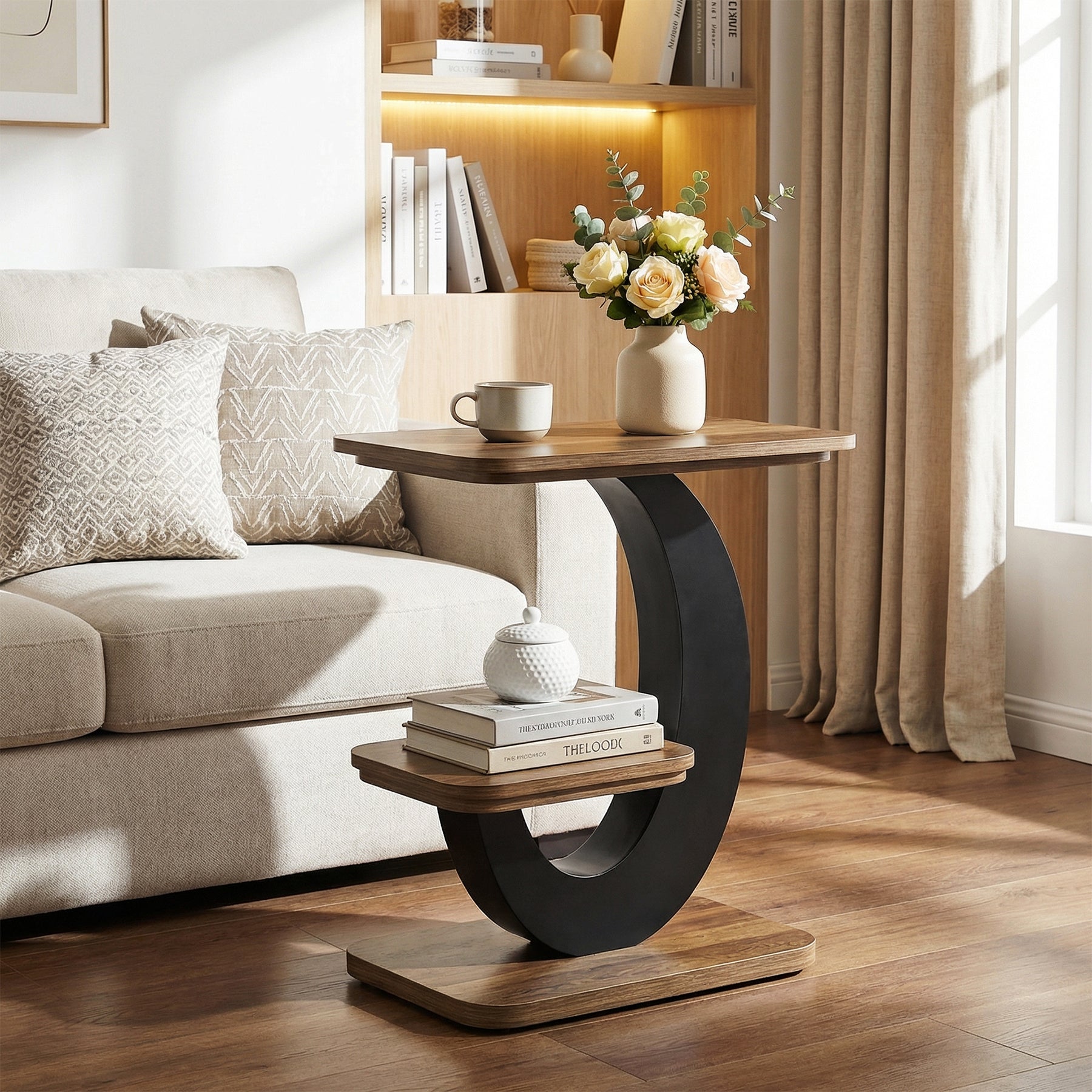 Tribesigns Tavolino laterale a 2 ripiani, tavolino stretto da divano/comodino con struttura ad arco