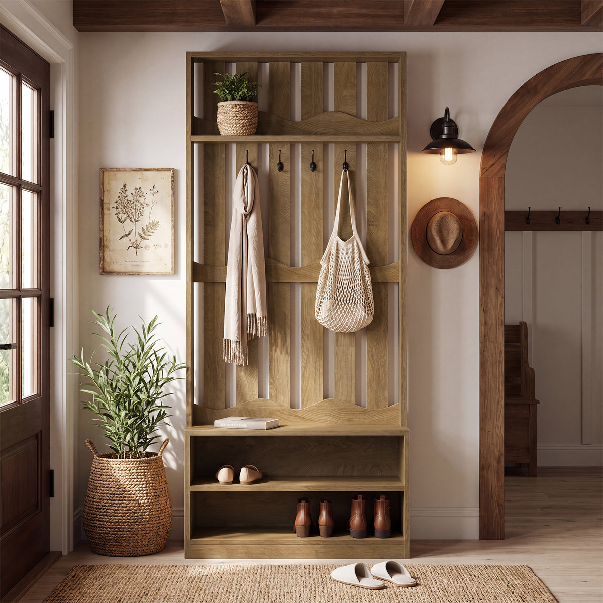 Albero della Sala Country con Panca e 4 Ganci Appendiabiti, H 182 cm