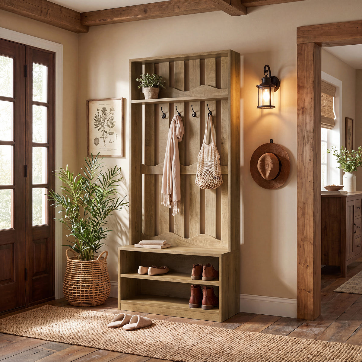 Albero della Sala Country con Panca e 4 Ganci Appendiabiti, H 182 cm