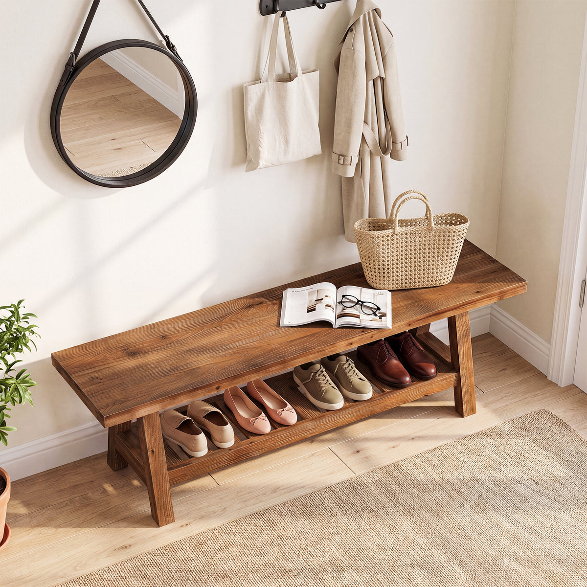 Panca in Legno Massello con Vano Contenitore e Pannello Protettivo, 140 cm
