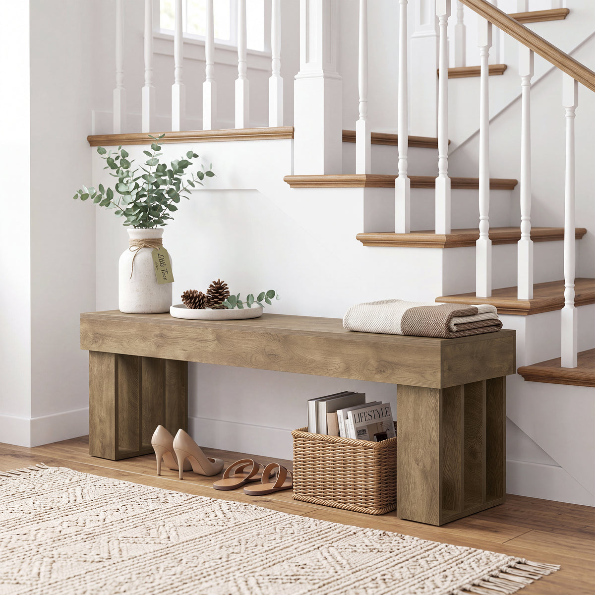 Panca Rustica in Legno Portascarpe, 140 x 35 x 45 cm, per Ingresso e Corridoio