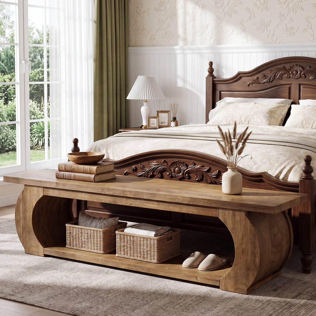 Panca Country con Ripiano Aperto e Struttura in Legno Curvata, 160 cm, per Camera da Letto