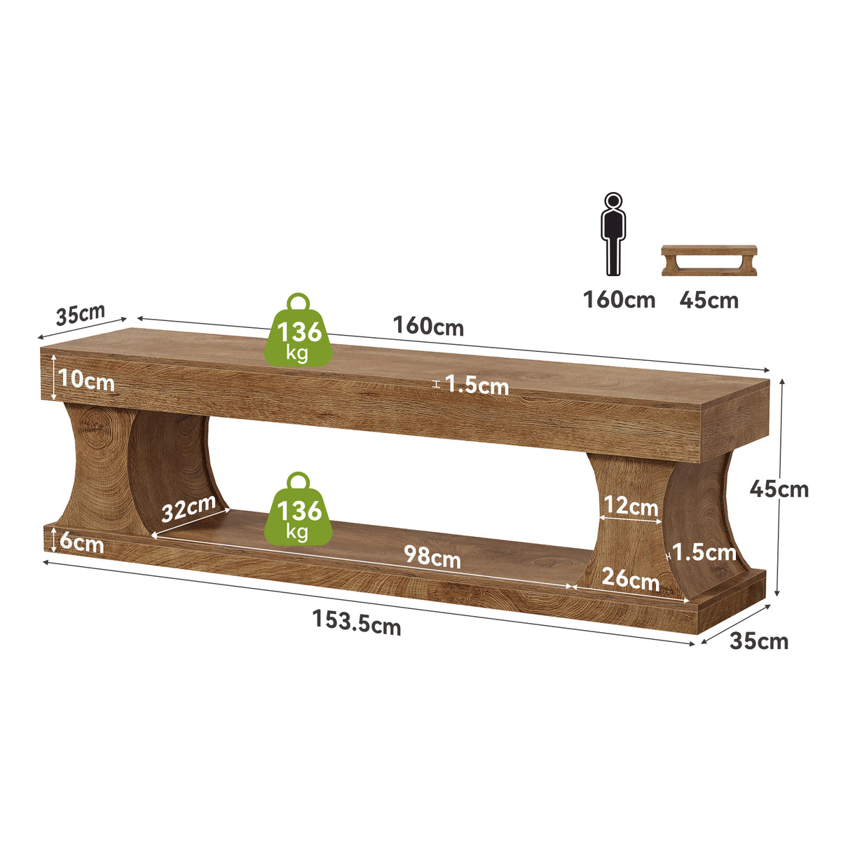 Panca Portascarpe in MDF con Seduta, 160 cm, per Ingresso