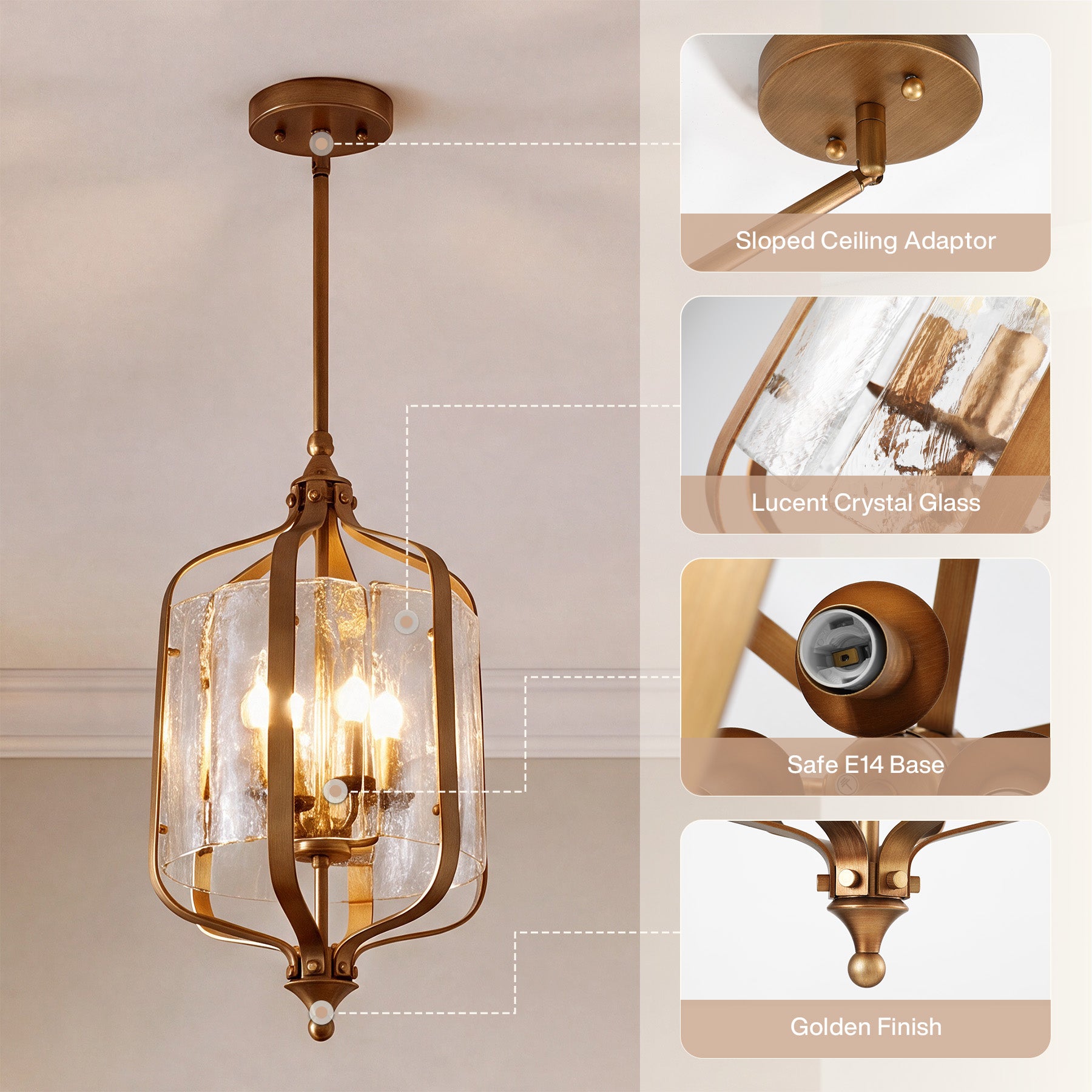 Lampadario a Sospensione Vintage Dorato, Ø 27 cm, Altezza Regolabile, per Tavolo da Pranzo