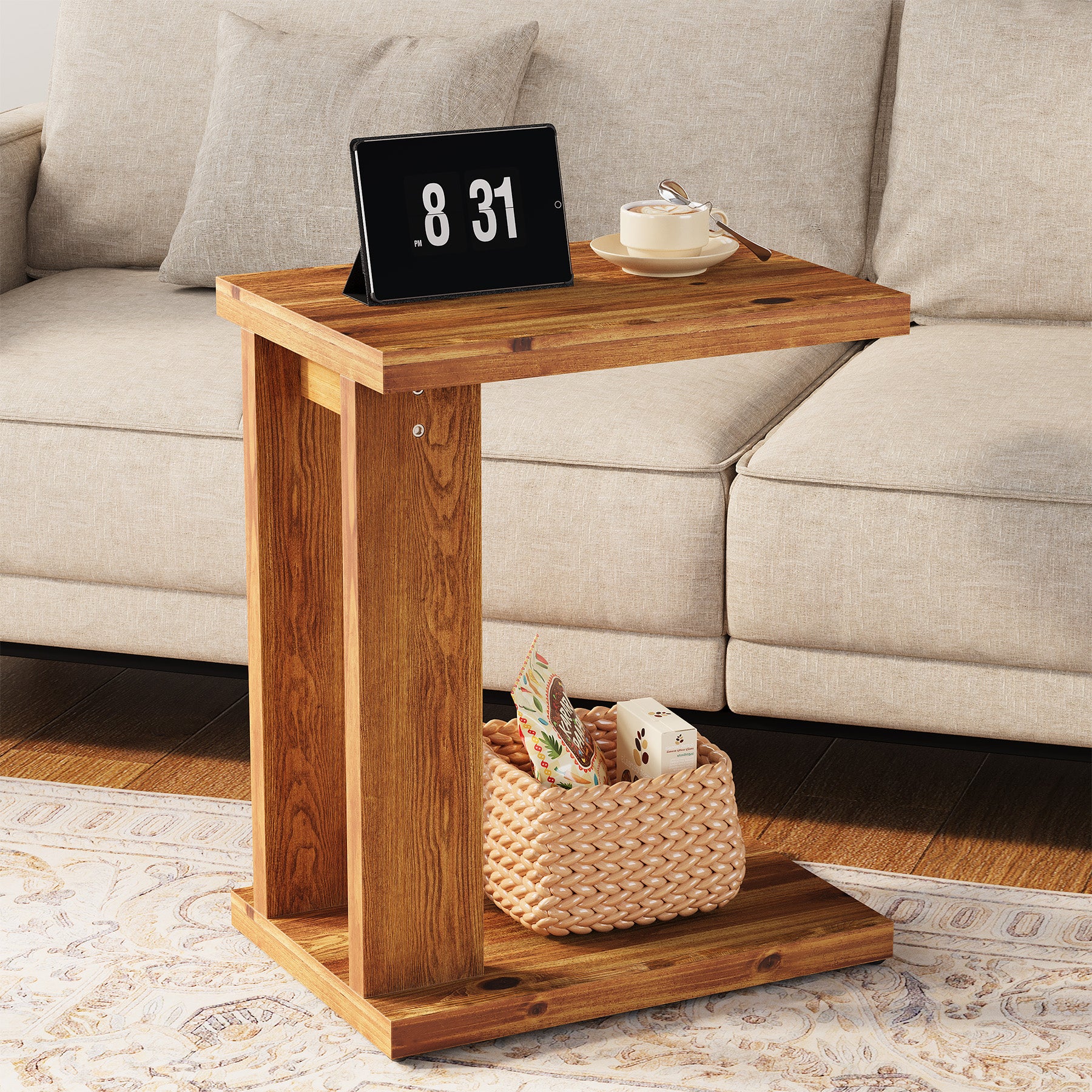 Tribesigns Tavolino a C in legno massello, 50 x 35 x 60 cm con 2 ripiani, ideale per il soggiorno