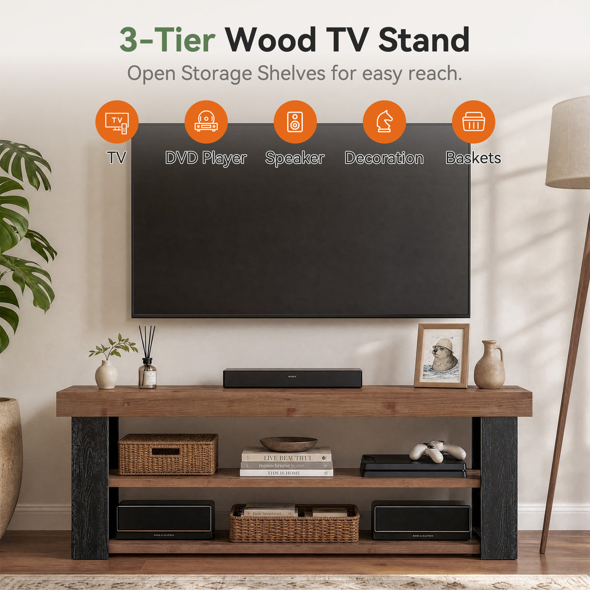 Mobile TV Country in Legno Massello, 160 cm, per TV fino a 70"