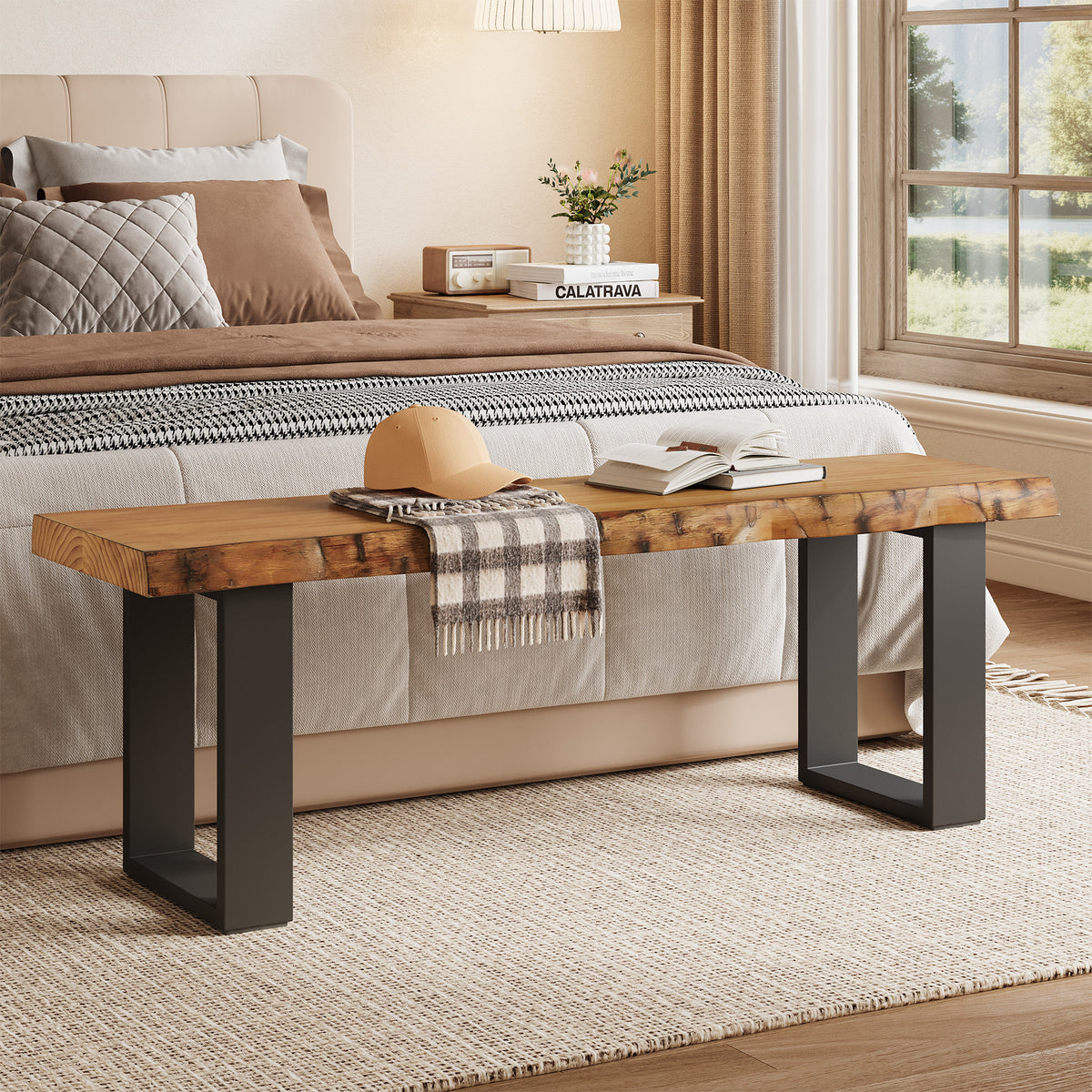 Panca Portascarpe Industriale Stretta con Seduta in Legno Massello, 120 cm, per Ingresso e Camera da Letto