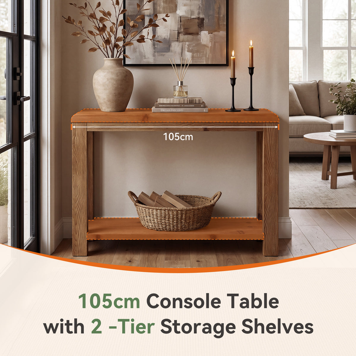 Consolle Country in Legno Massello con Ripiano Aperto, 105 cm, per Ingresso e Soggiorno